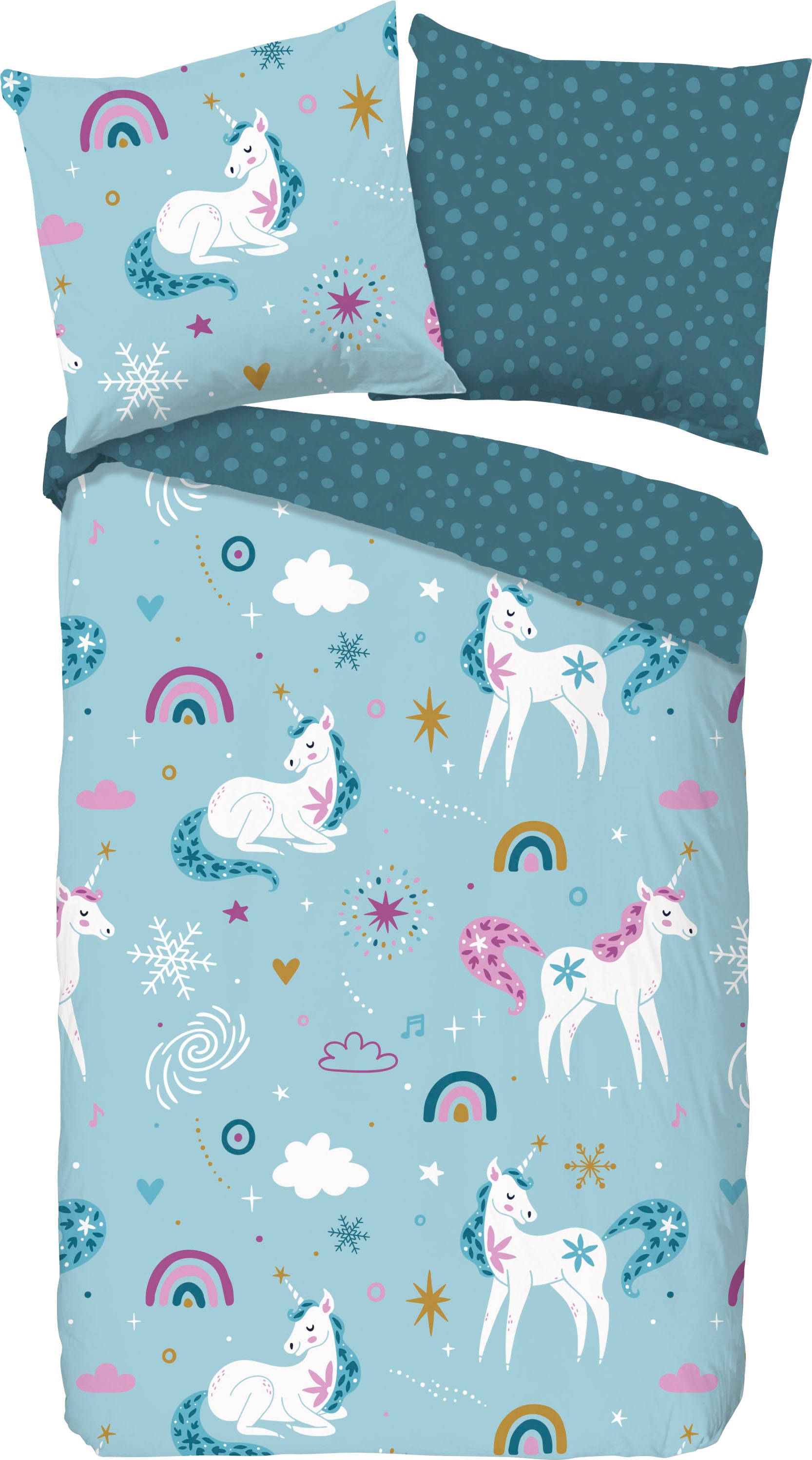 good morning Kinderbettwäsche »Snowycorn«, Biber, 135x200, Warm, Reißverschluss, Wendeoptik, Kind, Einhorn