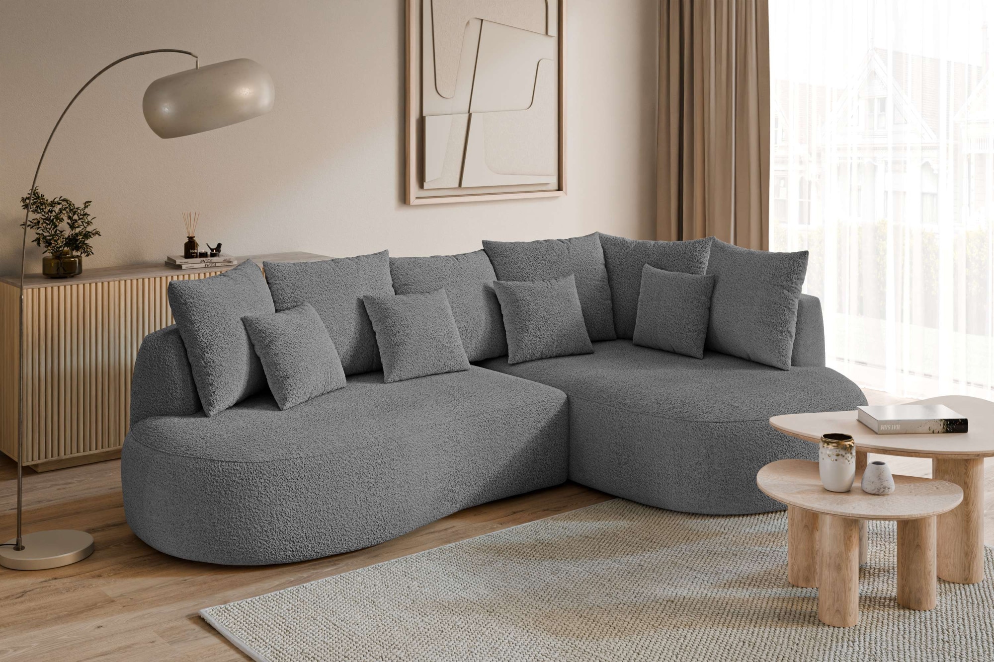 homsy by Ana Johnson Ecksofa "PEBBLA L-Form mit vielen Kissen, modernes Design, Bezug- Boucle" Breite 267 cm, Design-Sofa mit Ottomane recht/links bestellbar