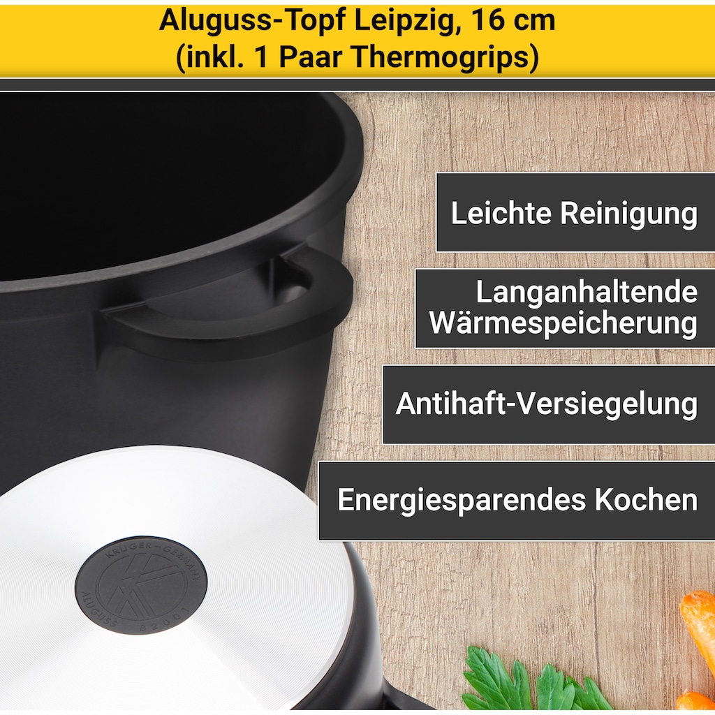 Krüger Fleischtopf »Aluguss Fleischtopf mit Glasdeckel inkl. Thermogrips LEIPZIG«, Aluminiumguss, (1 tlg.), hochwertige Antihaft-Versiegelung