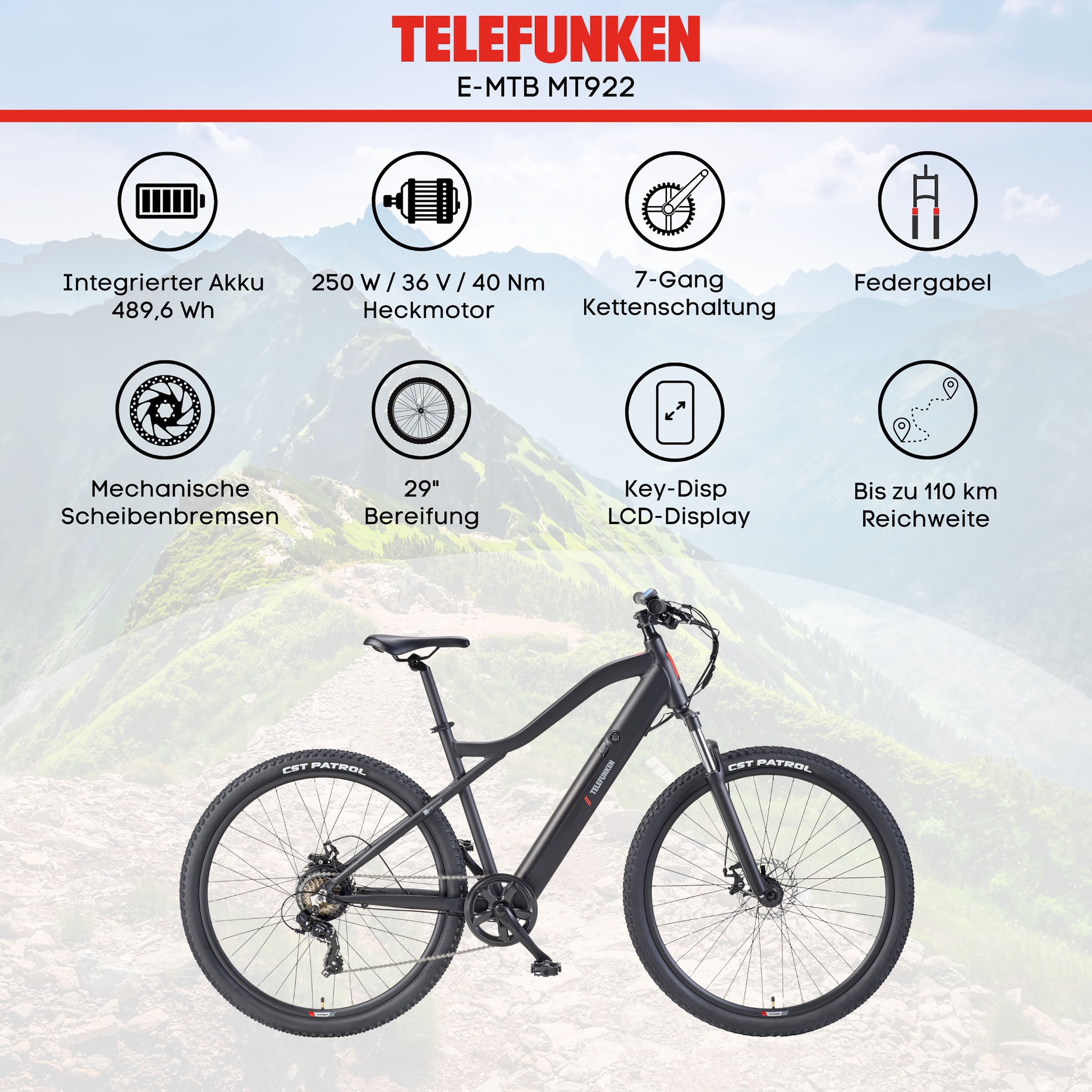 Telefunken »Aufsteiger MT922« 7 Gang Shimano TY300D Schaltwerk Kettenschaltung Heckmotor 250 W Pedelec, Elektrofahrrad, Damen u. Herren, E-MTB, Mountainbike, 29 Zoll