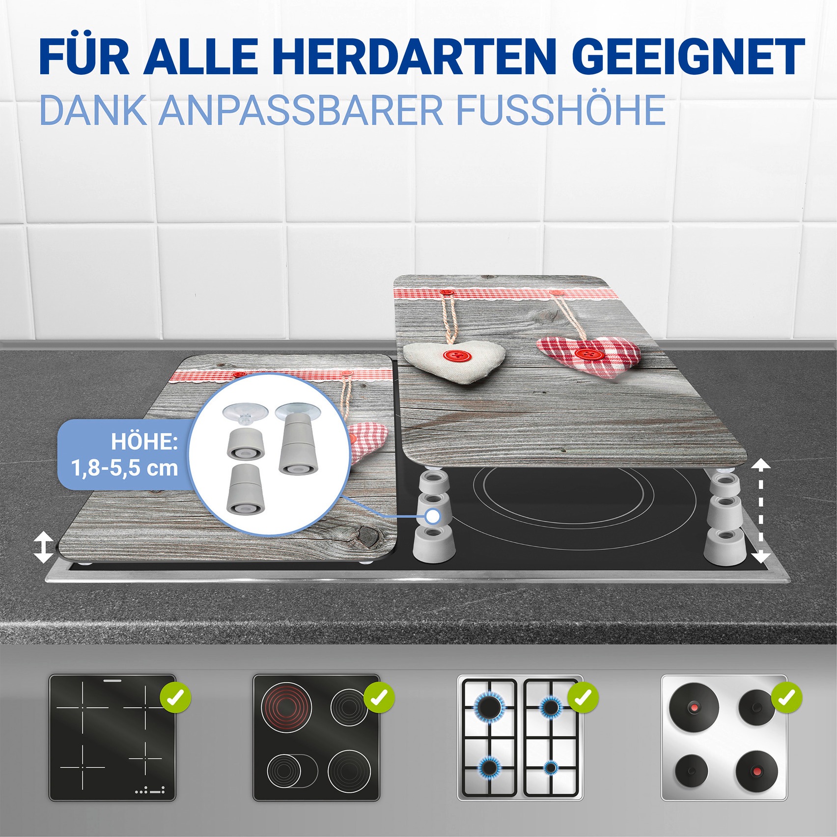 WENKO Herd-Abdeckplatte »Universal Modell Herzen«, (Set, 2 tlg.), Herdabdeckung für alle Herdarten, kratzfest, mit rutschfesten Füßen