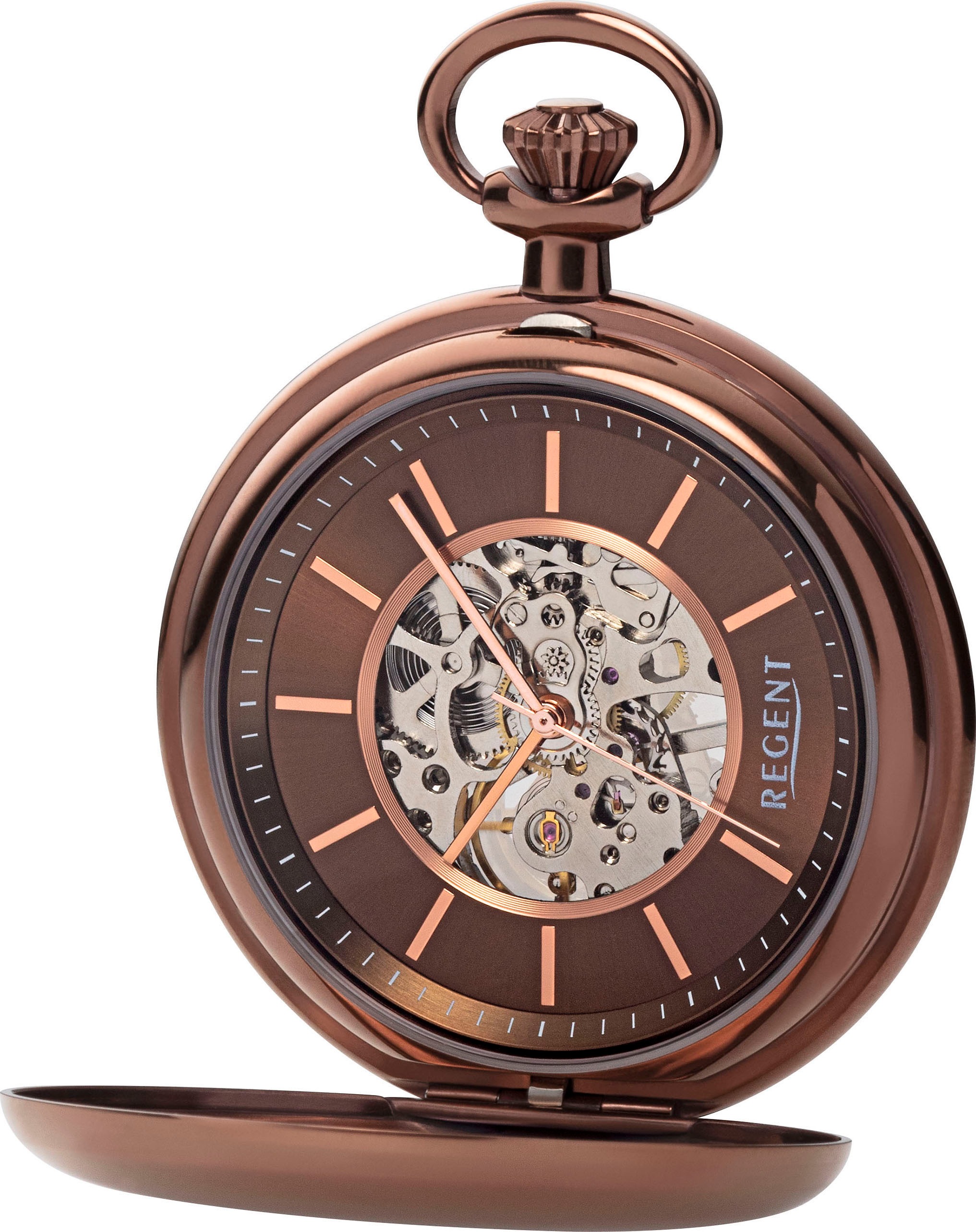 REGENT Damen Taschenuhr, braun, Taschenuhren, Herrenuhr, Handaufzug, Kette, offene Unruh