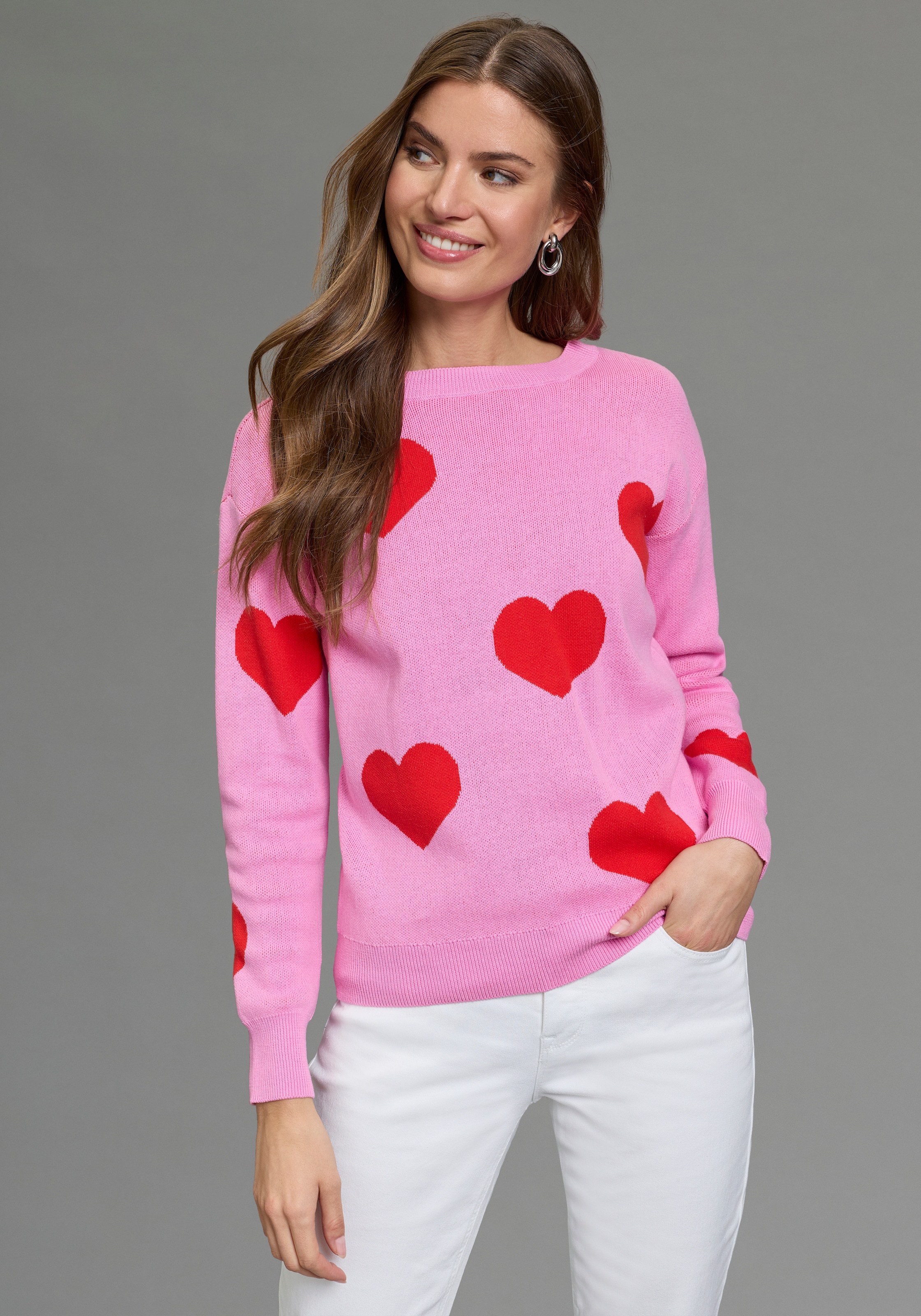 Laura Scott Jacquardpullover "aus angenehm leichtem Frühlingsstrick" aus Baumwolle mit knalligem Herzmuster