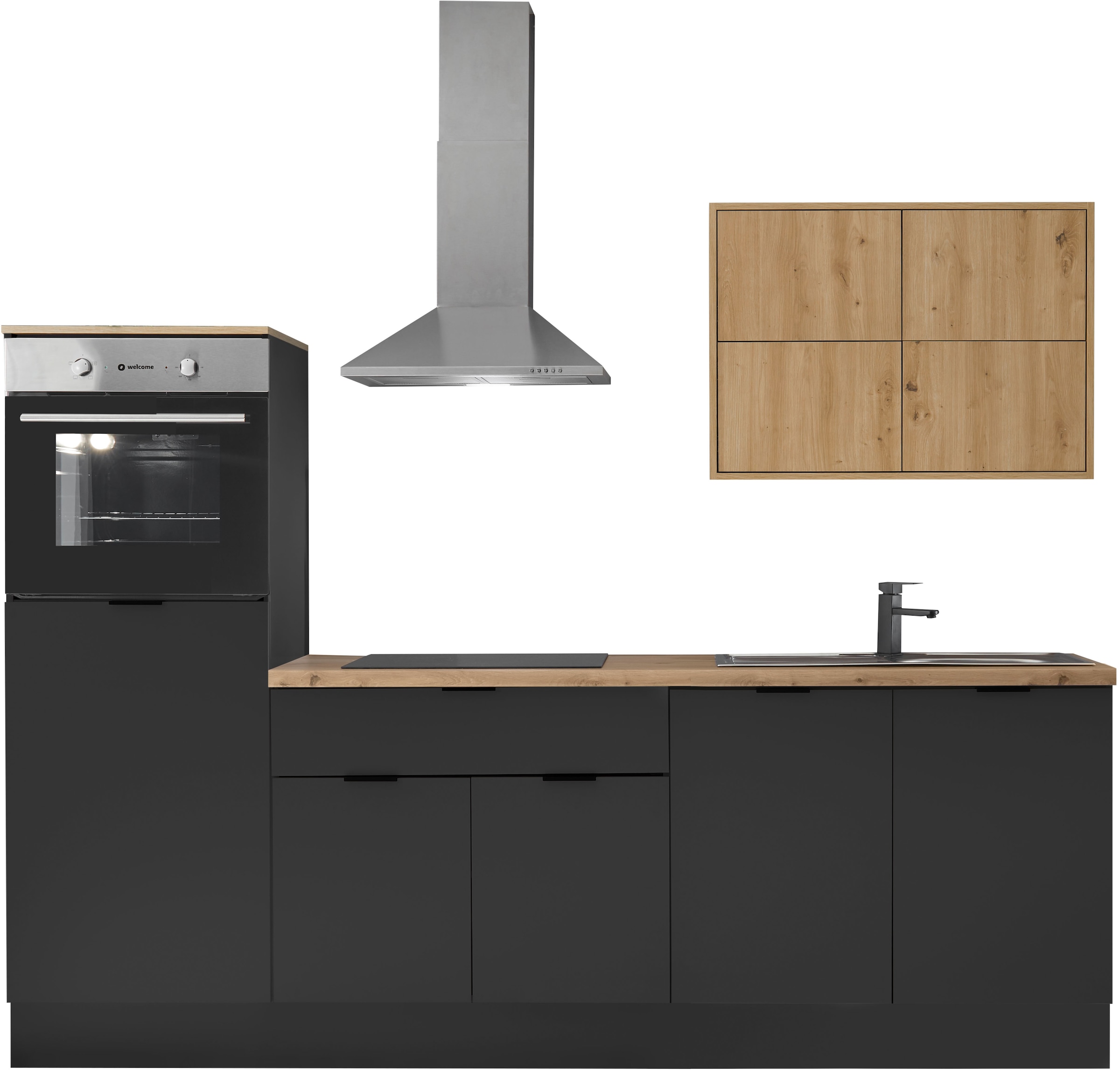 Küchenzeile KOCHSTATION, B:250cm H:220cm T:60cmküche: schwarz, front: schwarz, artisan, korpus: schwarz, arbeitsplatte: artisan eichefarben,