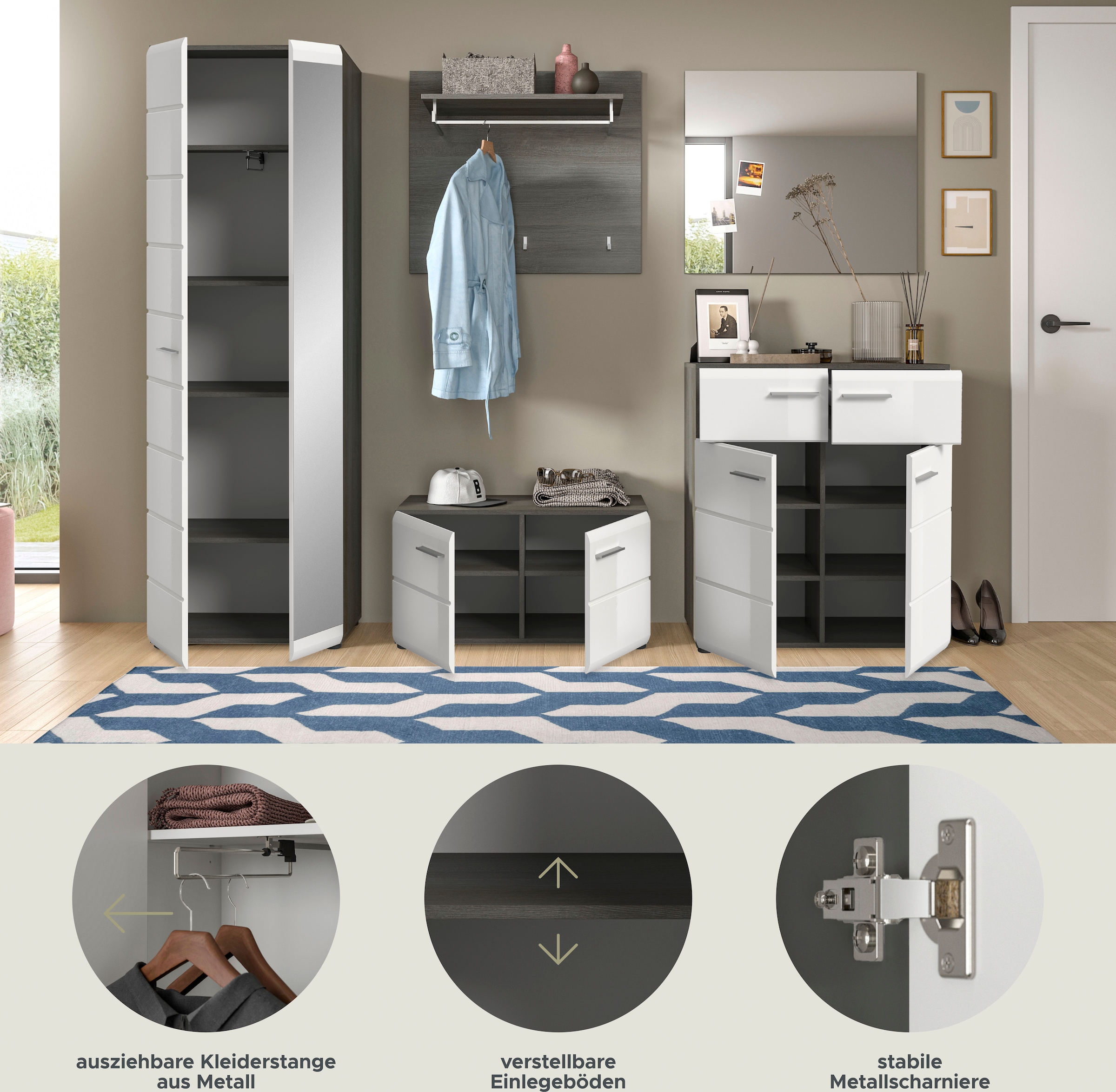 INOSIGN Garderoben-Set »Rumba, 5-teilig, Breite 250 cm, Hochglanz Front, bestehend aus:«, (5 St.), Garderobenschrank, Sitzbank, Garderobenpaneel, Schuhschrank, Spiegel