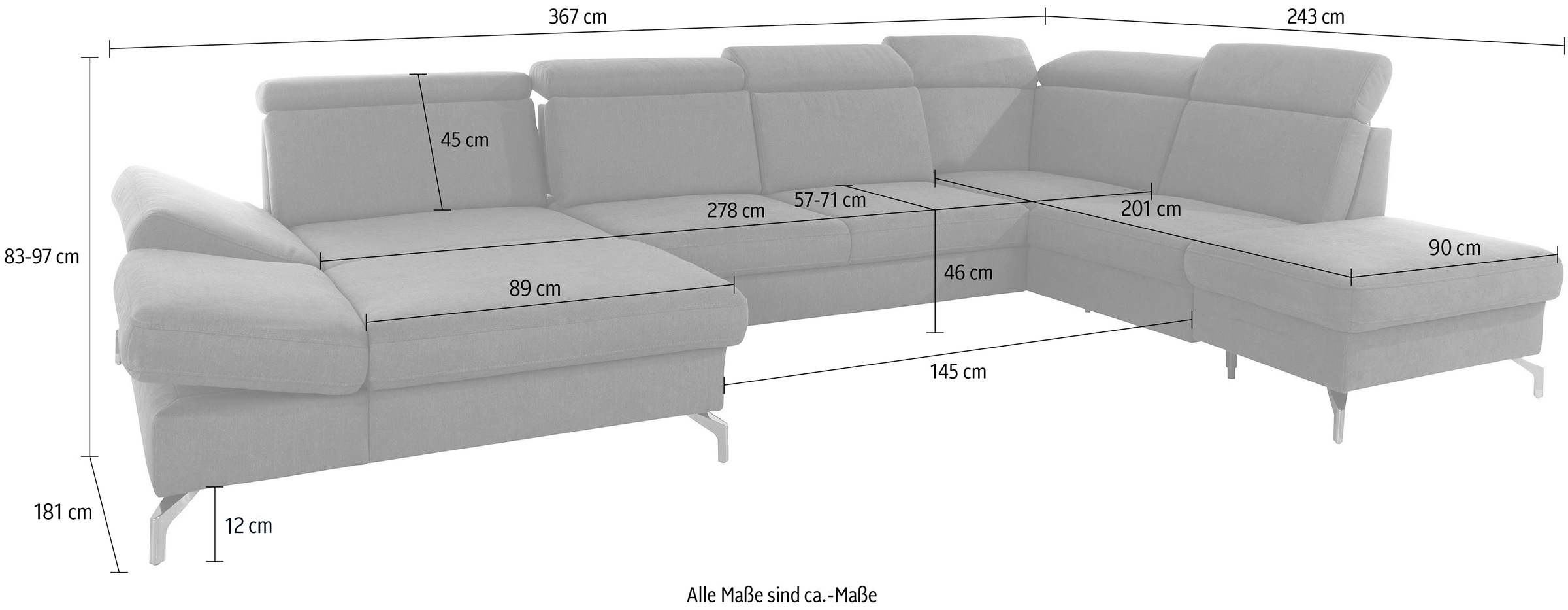 sit&more Wohnlandschaft »Brisbane U-Form«, Fußhöhe 12 cm, inklusive Sitztiefen-, Armteil- und Kopfteilverstellung