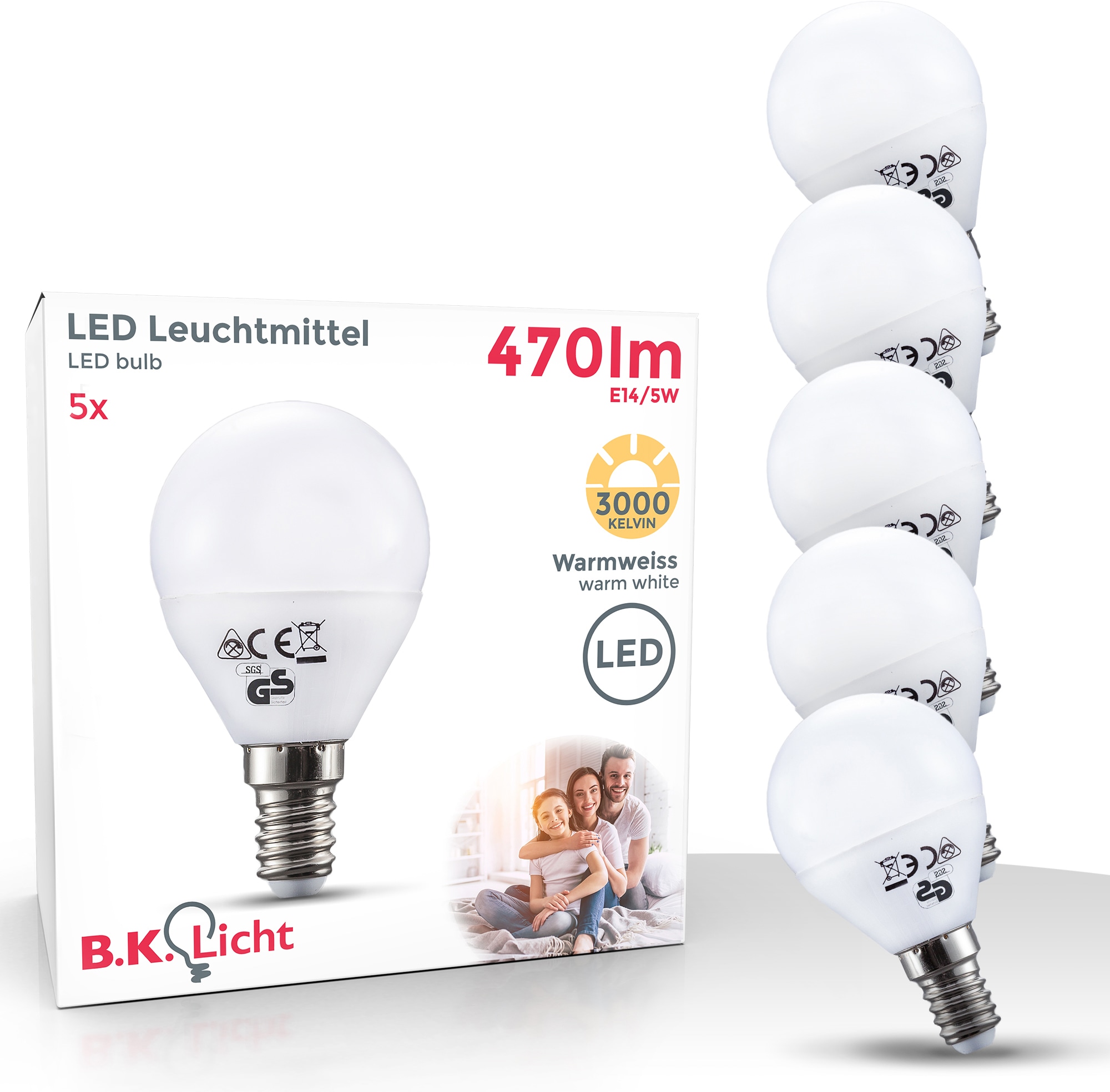 B.K.Licht LED-Leuchtmittel, E14, 5 St., Warmweiß, LED-Lampe Glühbirne 5 Watt 470 Lumen 3.000 Kelvin Energiesparlampe