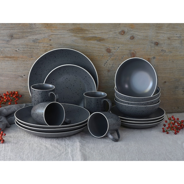 CreaTable Kombiservice »Geschirr-Set Industrial Chic«, (Set, 16 tlg.,  Kaffeeservice und Tafelservice im Set, für 4 Personen), Service, seidenmatte  Sprenkelglasur, 16 Teile, für 4 Personen | BAUR