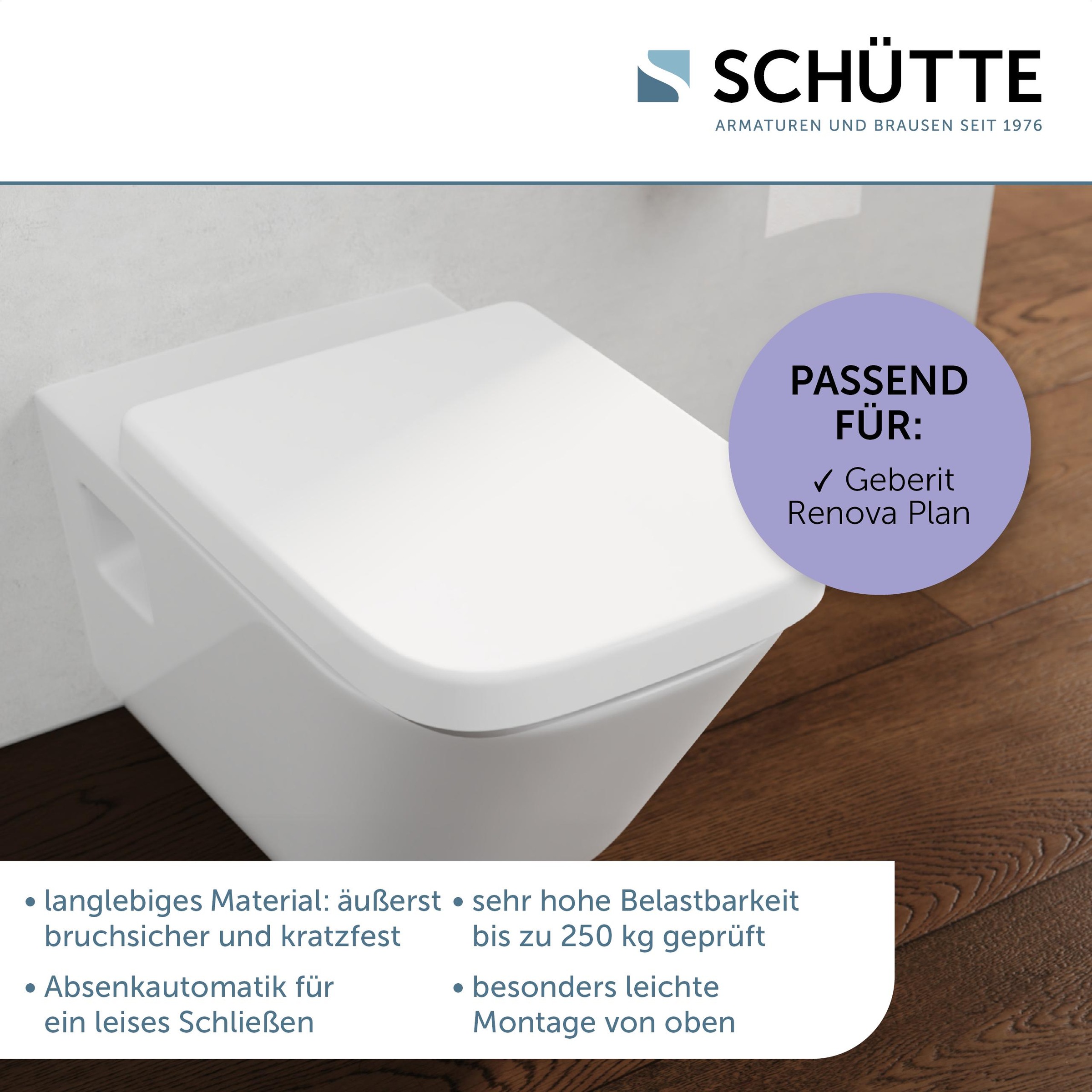 Schütte WC-Sitz "Duroplast, WHITE E-Form PRO 4" WC-Sitz, Befestigungsmaterial, Montageanleitung, mit Absenkautomatik und Schnellverschluss