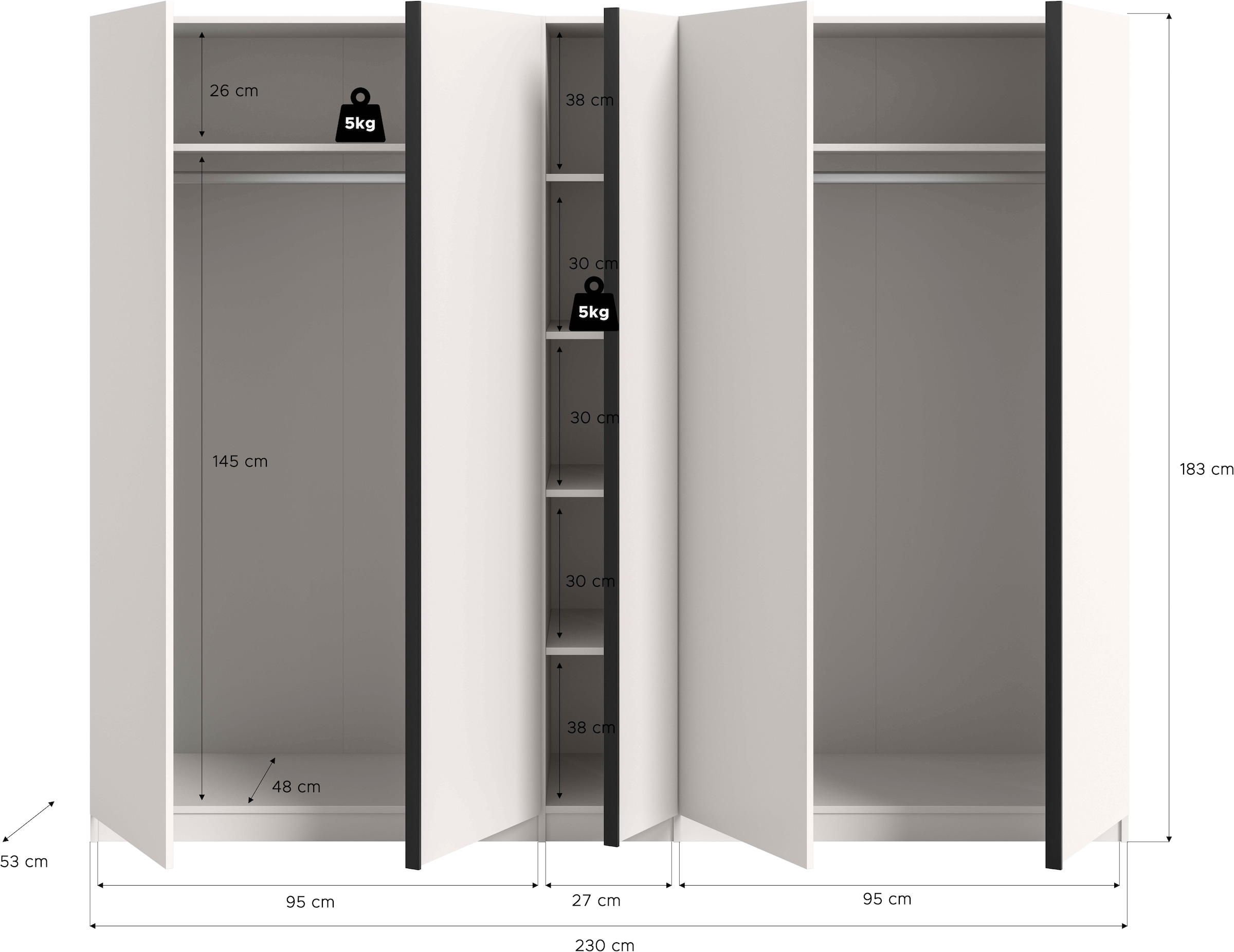 Home affaire Kleiderschrank »BENDINGO, TOPSELLER!, Schlafzimmerschrank, Schrank, Garderobenschrank«, (OTTO BESTSELLER, Garderobe & Schlafzimmer), Breite 230cm, weiß, 5-türig, 2 Kleiderstangen und 6 Ablageböden