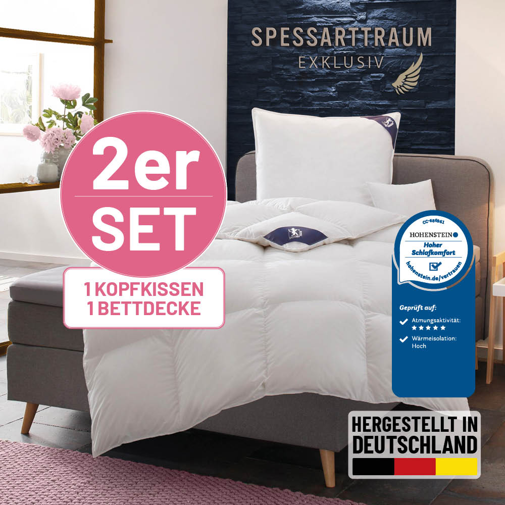 SPESSARTTRAUM Daunenbettdecke + 3-Kammer-Kopfkissen "Exklusiv, 2-tlg, hergestellt in Deutschland, made in Germany, Set" Sparset: 5 Wärmeklassen, 135x200 cm & 155x220 cm