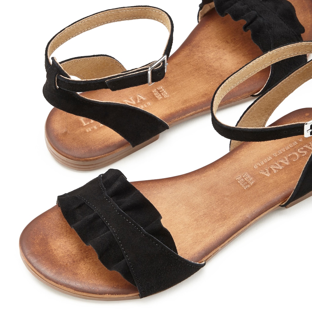 LASCANA Sandale, Sandalette, Sommerschuh aus hochwertigem Leder mit kleinen Rüschen