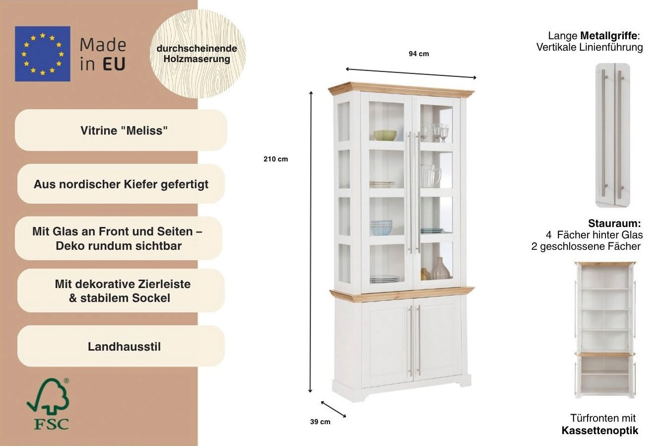 Thumbnail - Home affaire Vitrine "Meliss" aus massiver Kiefer, FSC zertifiziert, Breite 94 cm