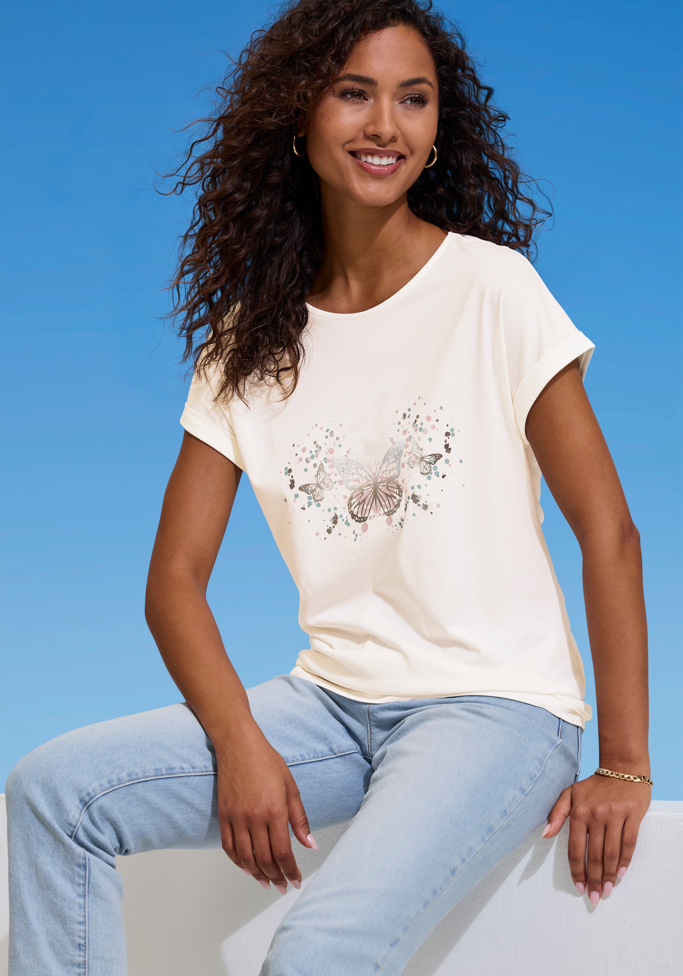 Vivance T-Shirt »mit glänzendem Frontprint« aus angenehmer Baumwoll-Modal-Qualität
