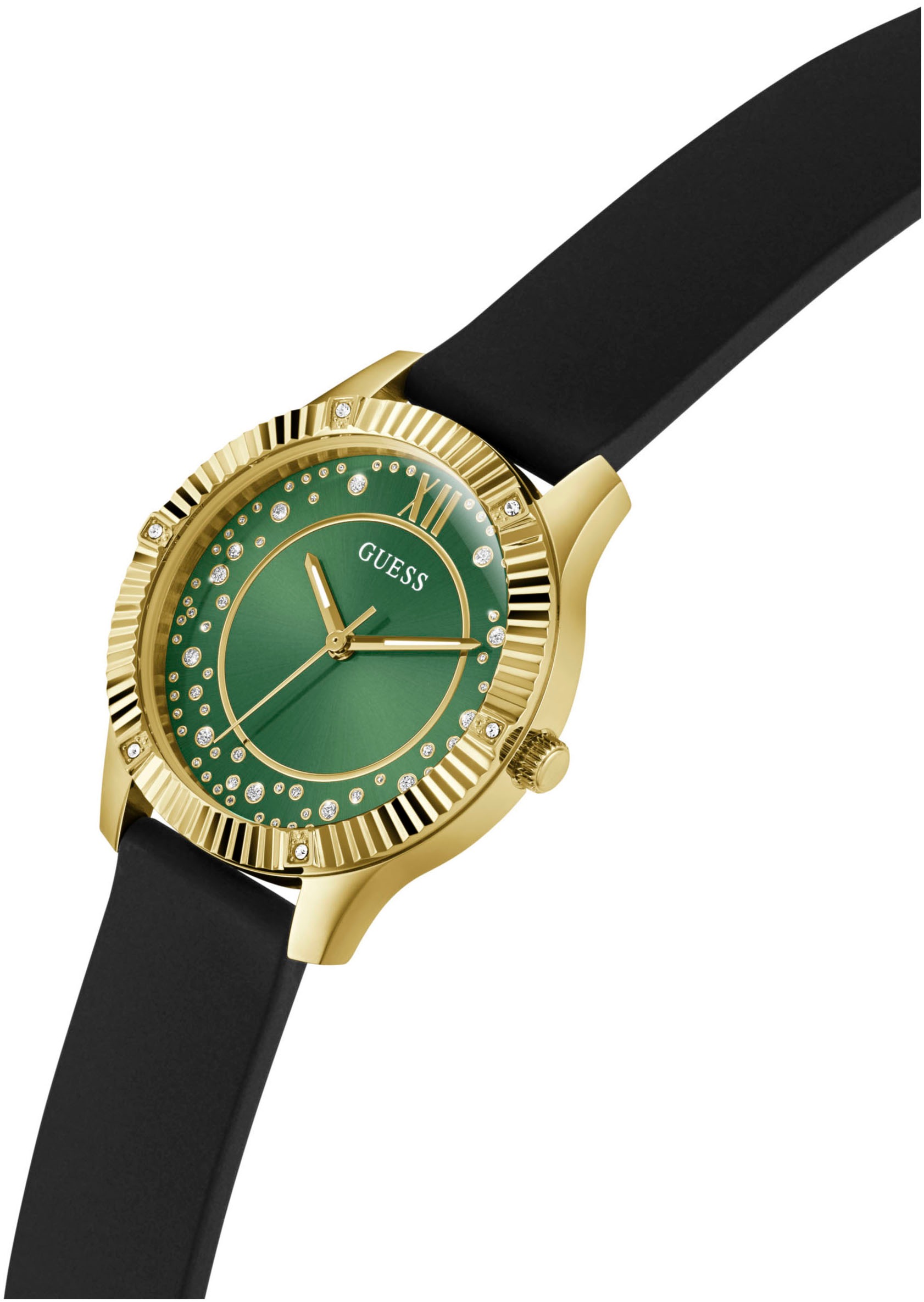 Guess Quarzuhr »STARSTRUCK«, Armbanduhr, Damenuhr, Silikonarmband, Mineralglas, analog