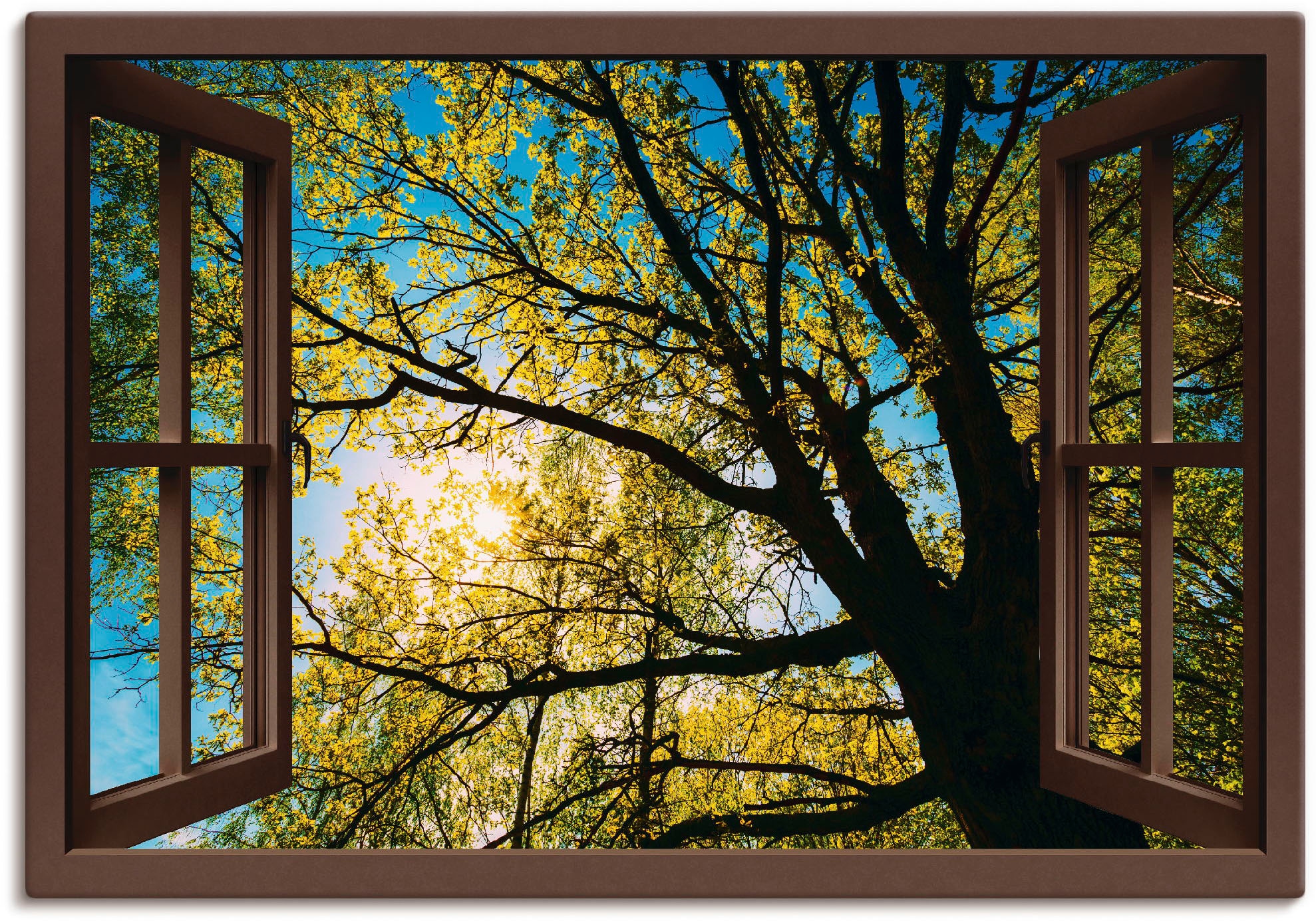 Frühlingssonne in Alubild, kaufen Größen Wandaufkleber »Fensterblick Baumbilder, BAUR oder (1 Wandbild Poster Artland | St.), als Baumkrone«, Leinwandbild, versch.