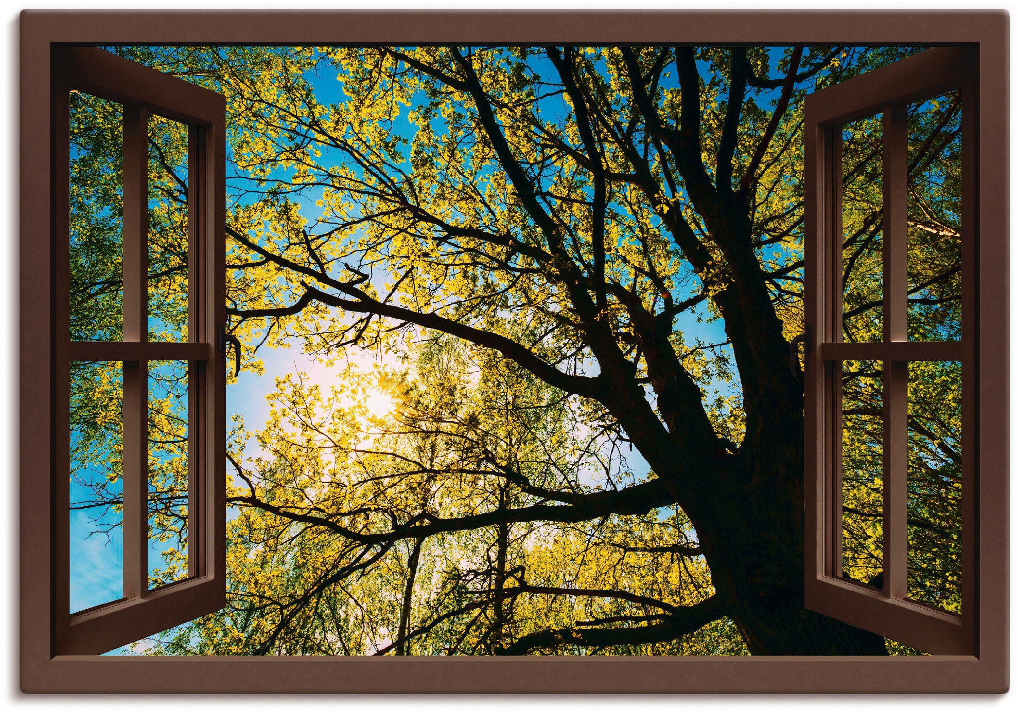 Black Friday Artland Leinwandbild, Frühlingssonne versch. »Fensterblick Baumbilder, | (1 Wandbild Baumkrone«, Größen Alubild, St.), Poster als BAUR Wandaufkleber oder in