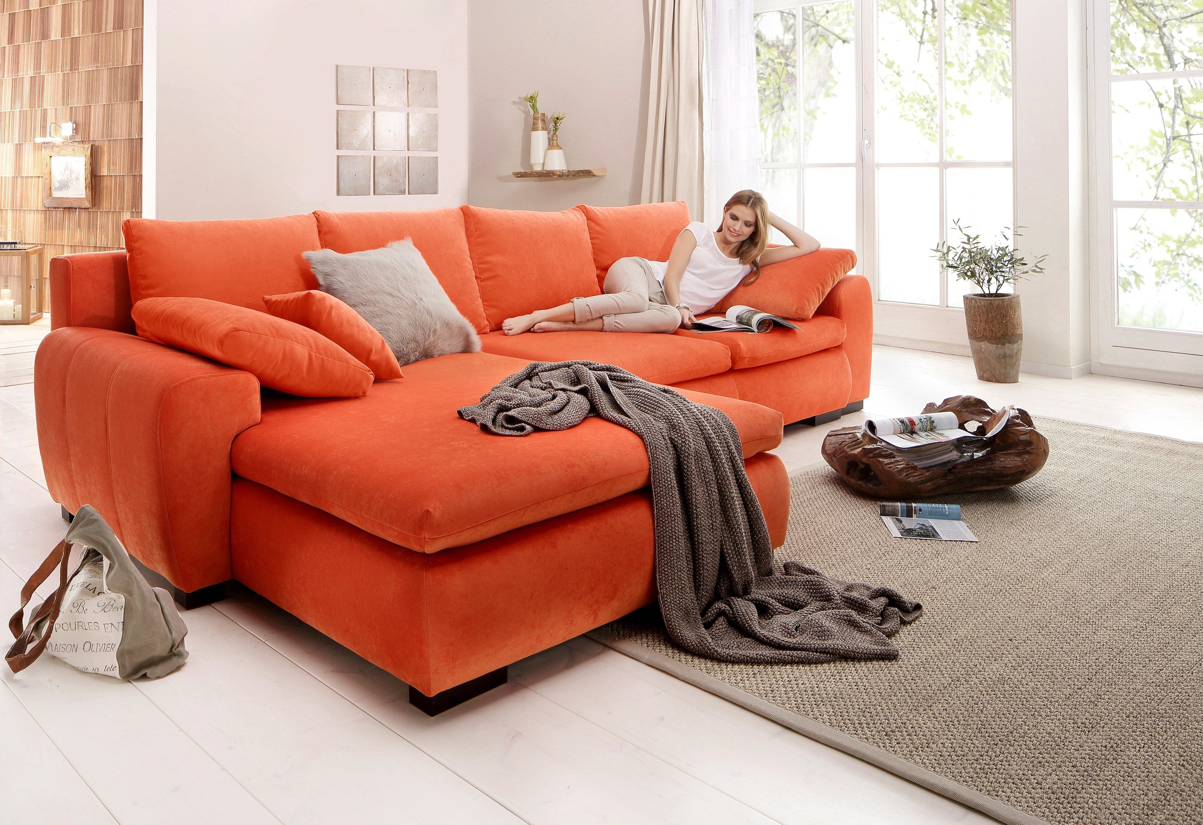 Home affaire Ecksofa "Cara Mia L-Form, B: 325 cm, XXL-Sofa mit 4 Zierkissen" mit Schlaffunktion & Bettkasten, Liegefl. 145x270 cm