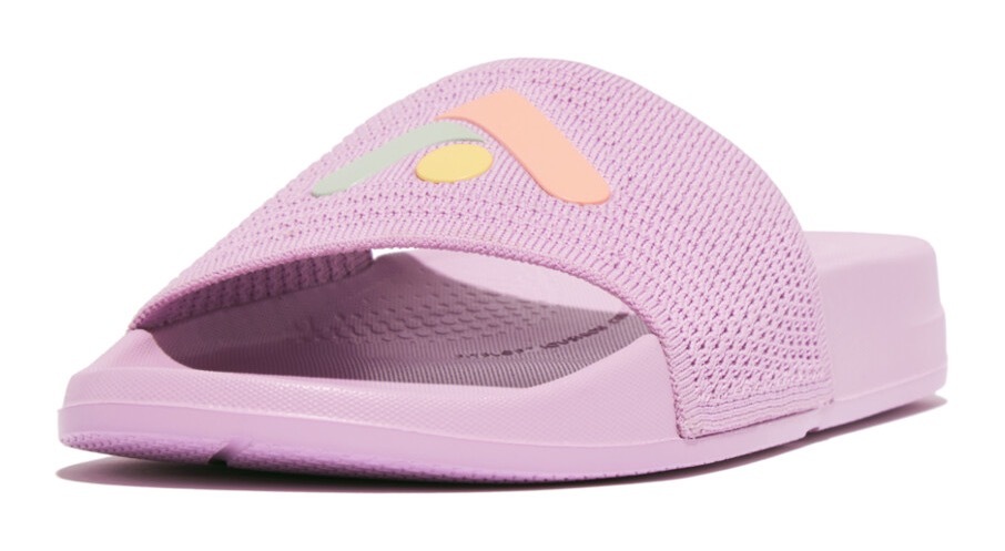 Fitflop Pantolette »IQUSHION ARROW KNIT SLIDES«, Keilabsatz, Sommerschuh, Schlappen mit Logo auf der Bandage