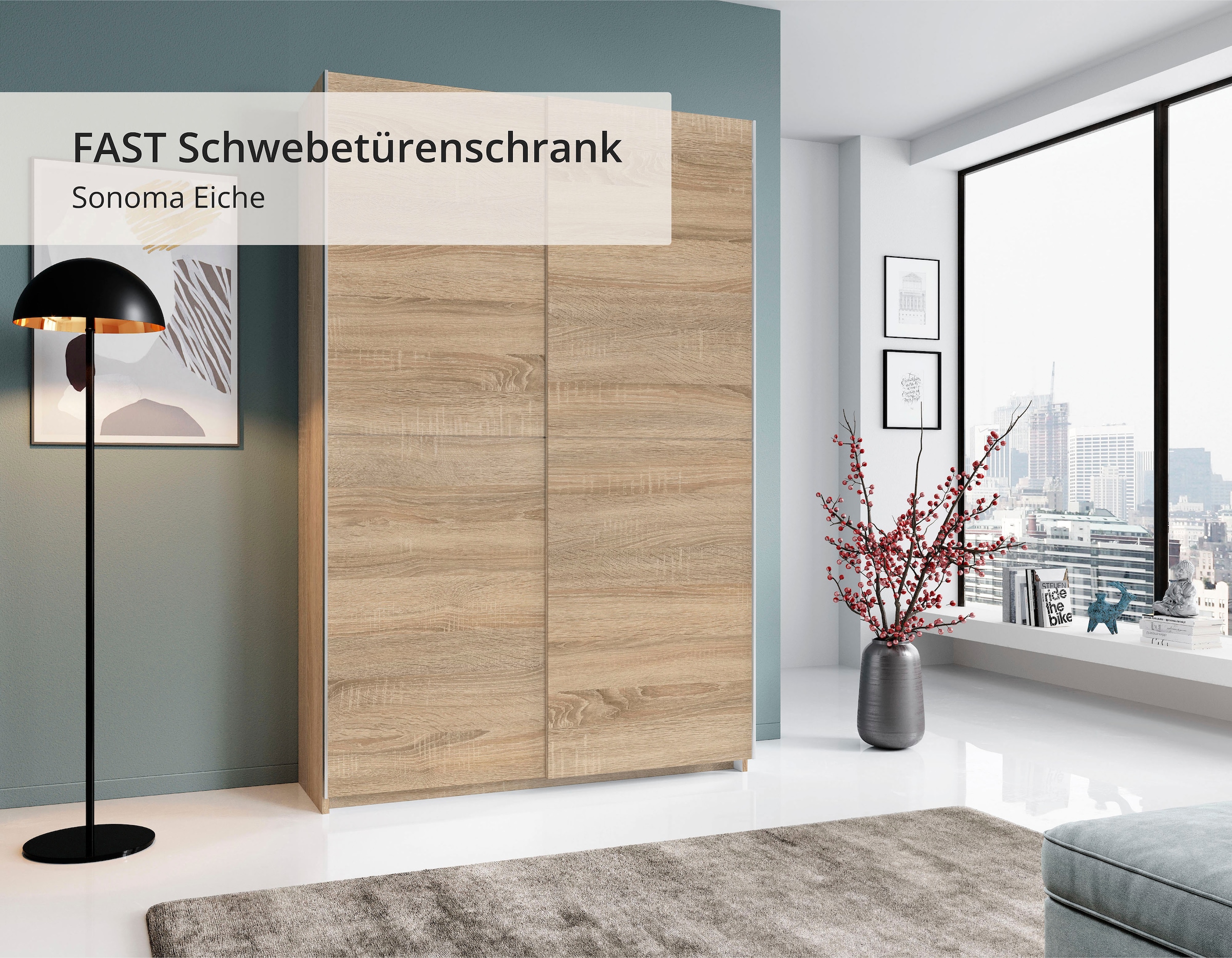 Schlafkontor Schwebetürenschrank »Heimo/Fast Schrank Kleiderschrank Garderobe«, geringe Tiefe, ausziehbarer Kleiderstange, Garderobenschrank, 6 Böden