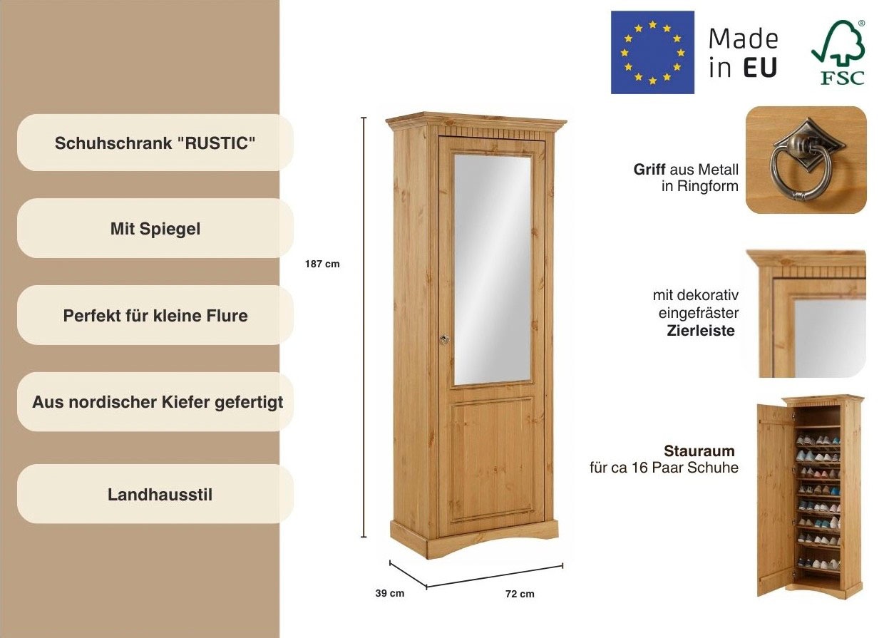 Thumbnail - Home affaire Schuhschrank "Rustic", aus massiver Kiefer, mit Spiegel, für ca. 16 Paar Schuhe