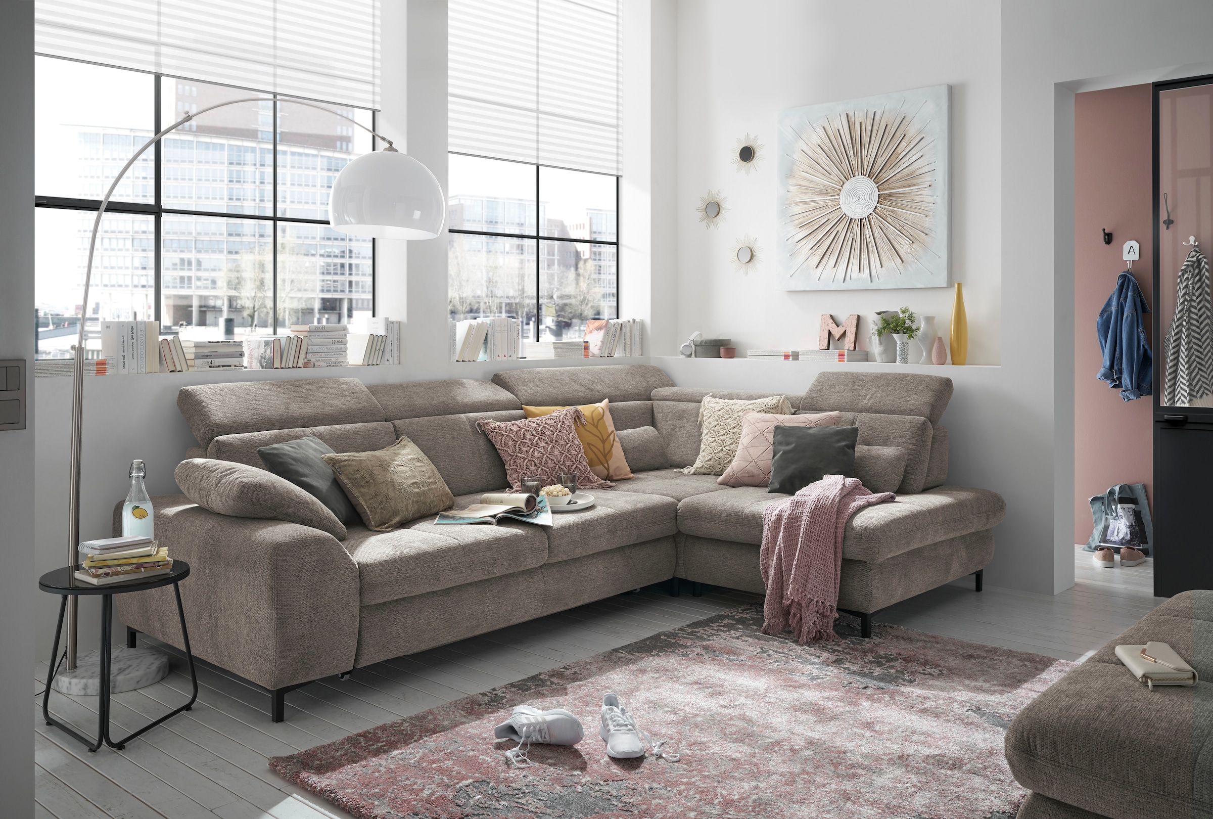 set one by Musterring Ecksofa »SO 3400 Sitzhöhe 47cm oder 49cm, Sitztiefe verstellbar, B/T 317/220 cm«, Kaltschaumpolsterung, Flachgewebe, whlw. mit Funktionen, Sitzhöhe 47