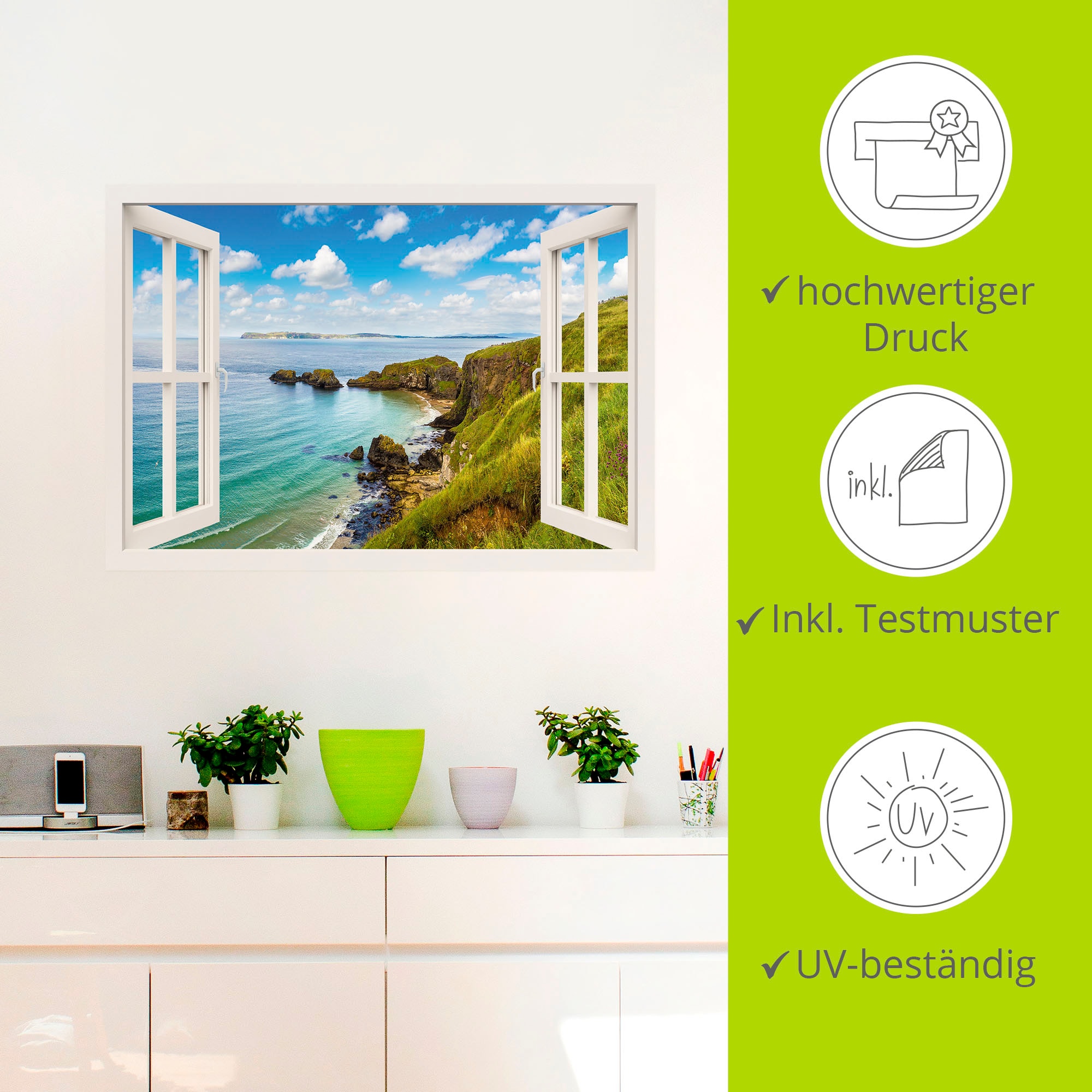 Artland Wandbild »Küstenweg in Nordirland durchs Fenster«, Meer Bilder, (1 St.), als Leinwandbild, Wandaufkleber oder Poster in versch. Größen