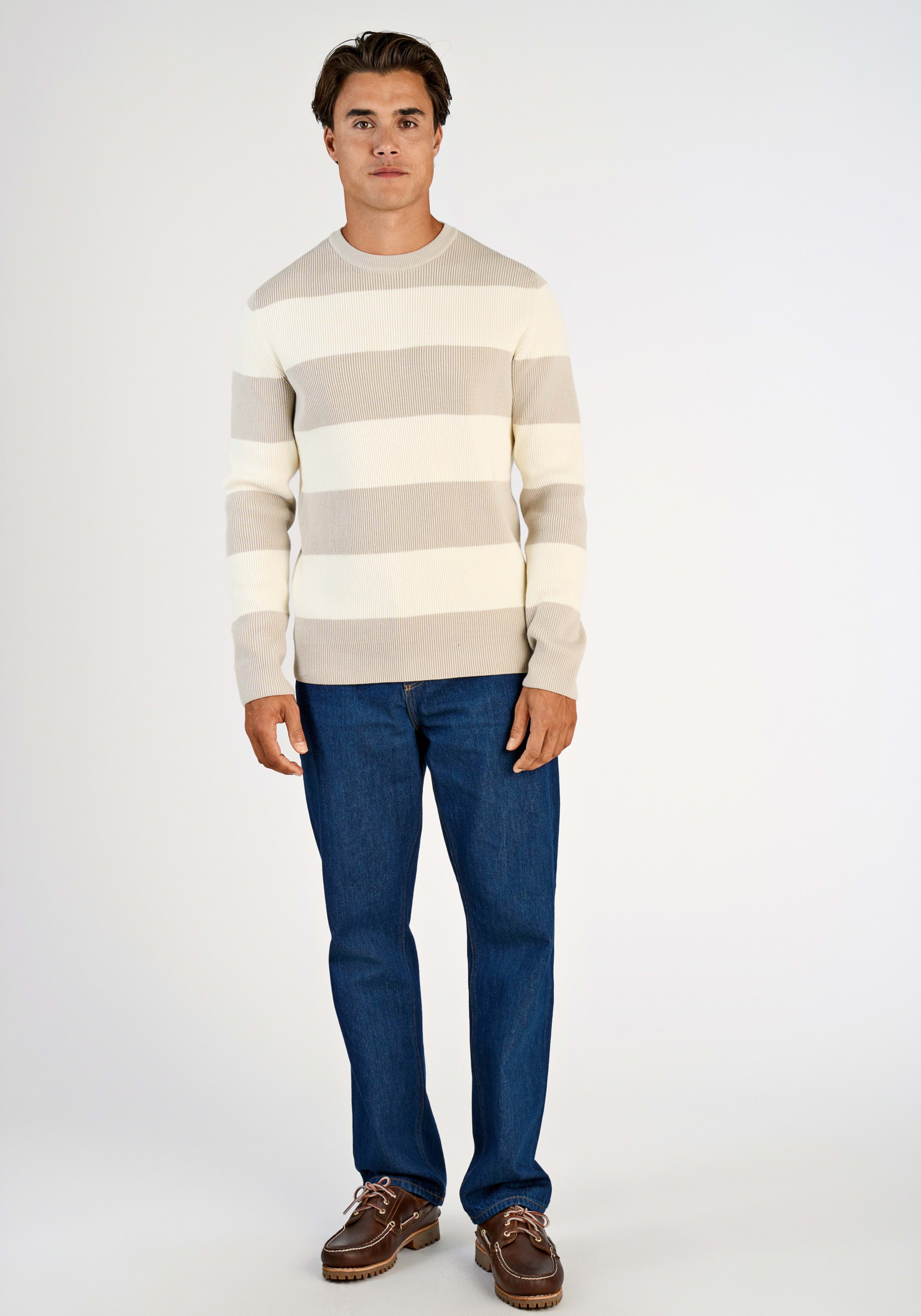 Strickpullover LINDBERGH, Herren, Gr. XL, lt stone grau, Strick, Obermaterial: 80% Baumwolle, 20% Polyester, normal hüftbedeckend, Rundhals, Pullover Strickpullover, mit Colorblocking-Streifen 3