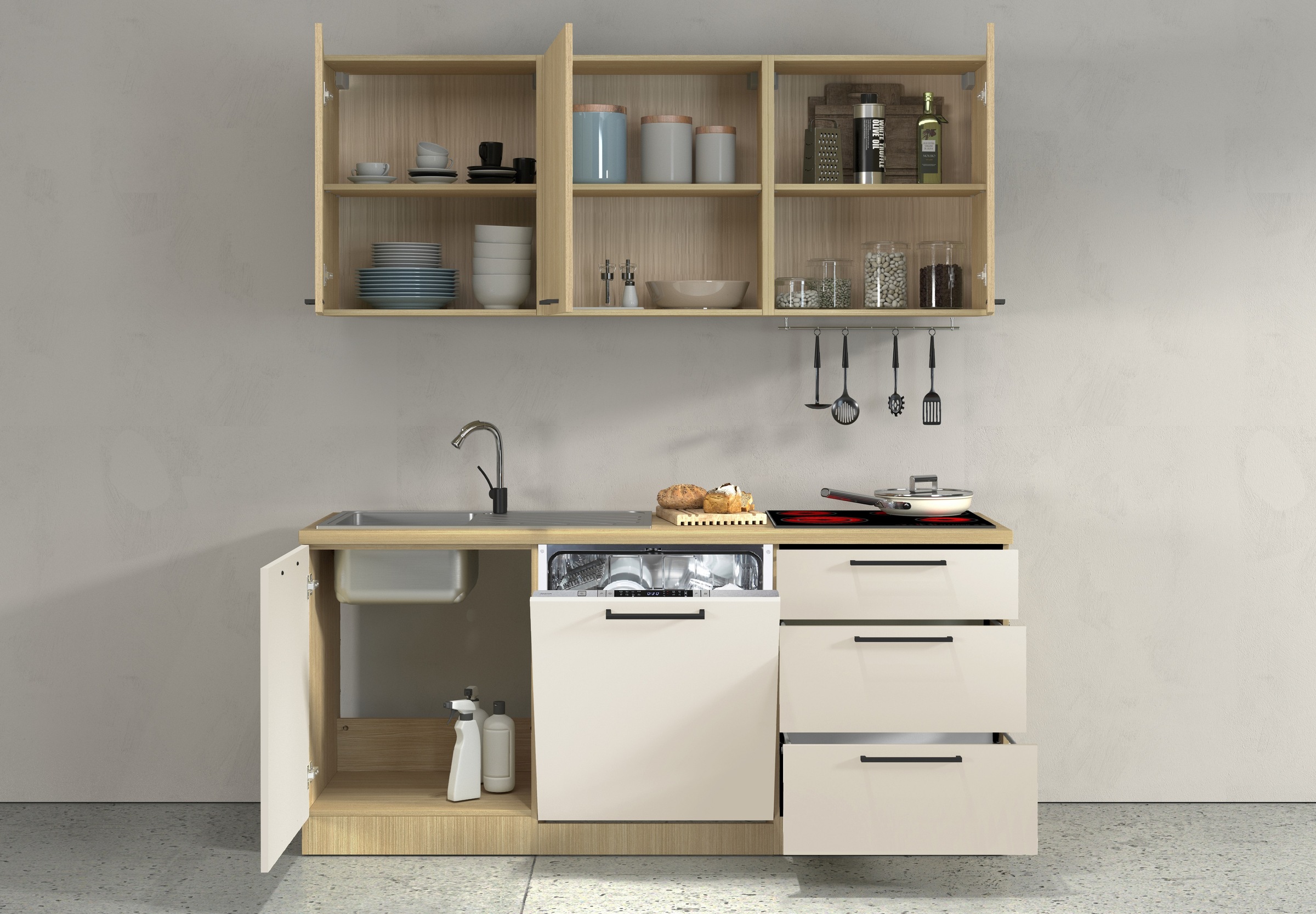 KOCHSTATION Küchenzeile »Luna, Küchenzeile mit Spüle + Siphon, ohne E-Geräte« Breite 182 cm,Türen mit Soft-Close Funktion, Metalgriffe,Made in Italy