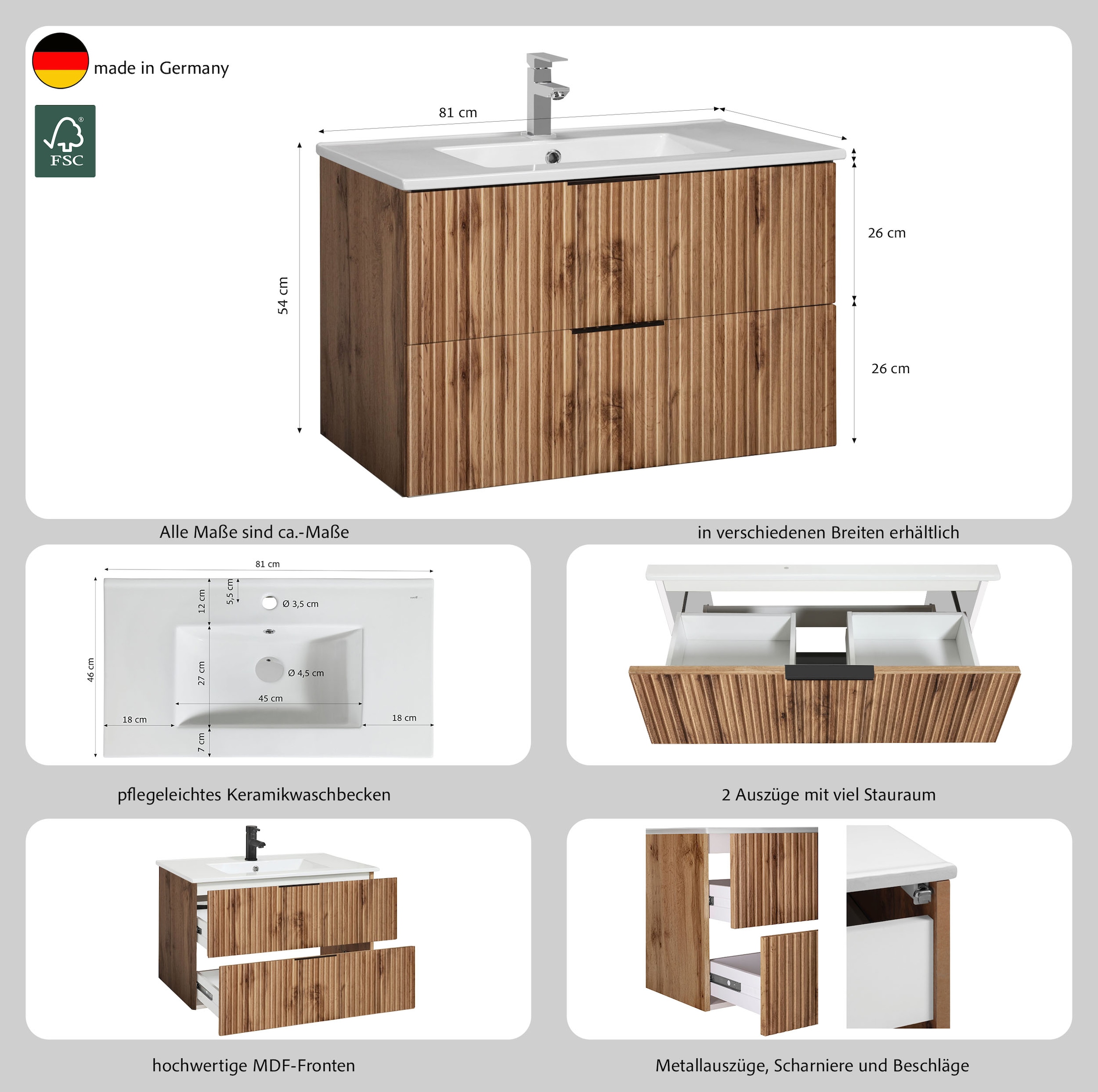 welltime Waschtisch »Trento Badezimmerschrank mit Becken« Badmöbel in Breite 80 cm  , Waschplatz mit 2 Schubladen , Badschrank