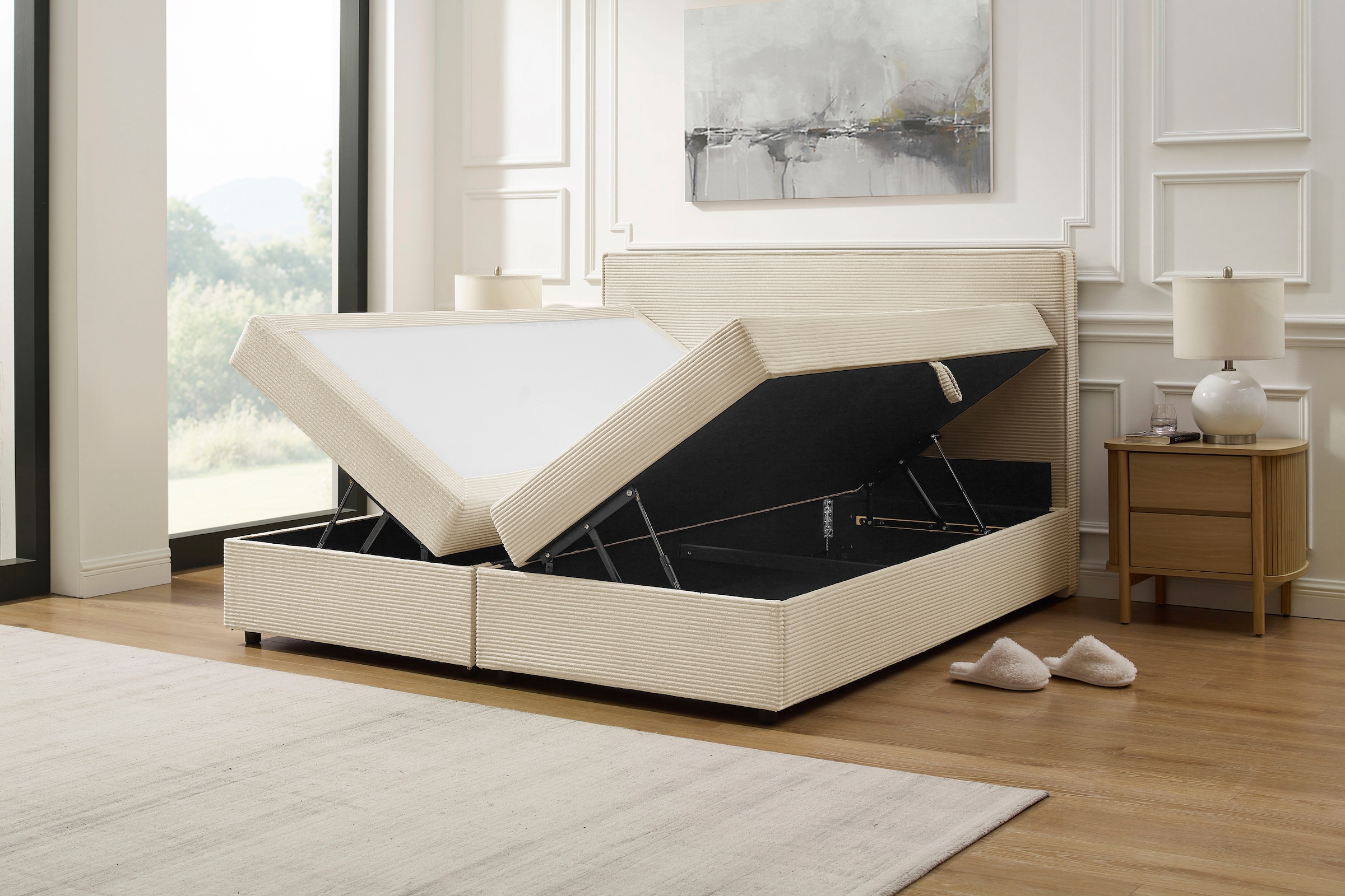 OTTO home Boxbett »Eliaas inkl. Bettkasten und Topper, Liegefläche 180x200cm« erhältlich in hochwertigem Cord-Stoff und der Größe 180x200cm