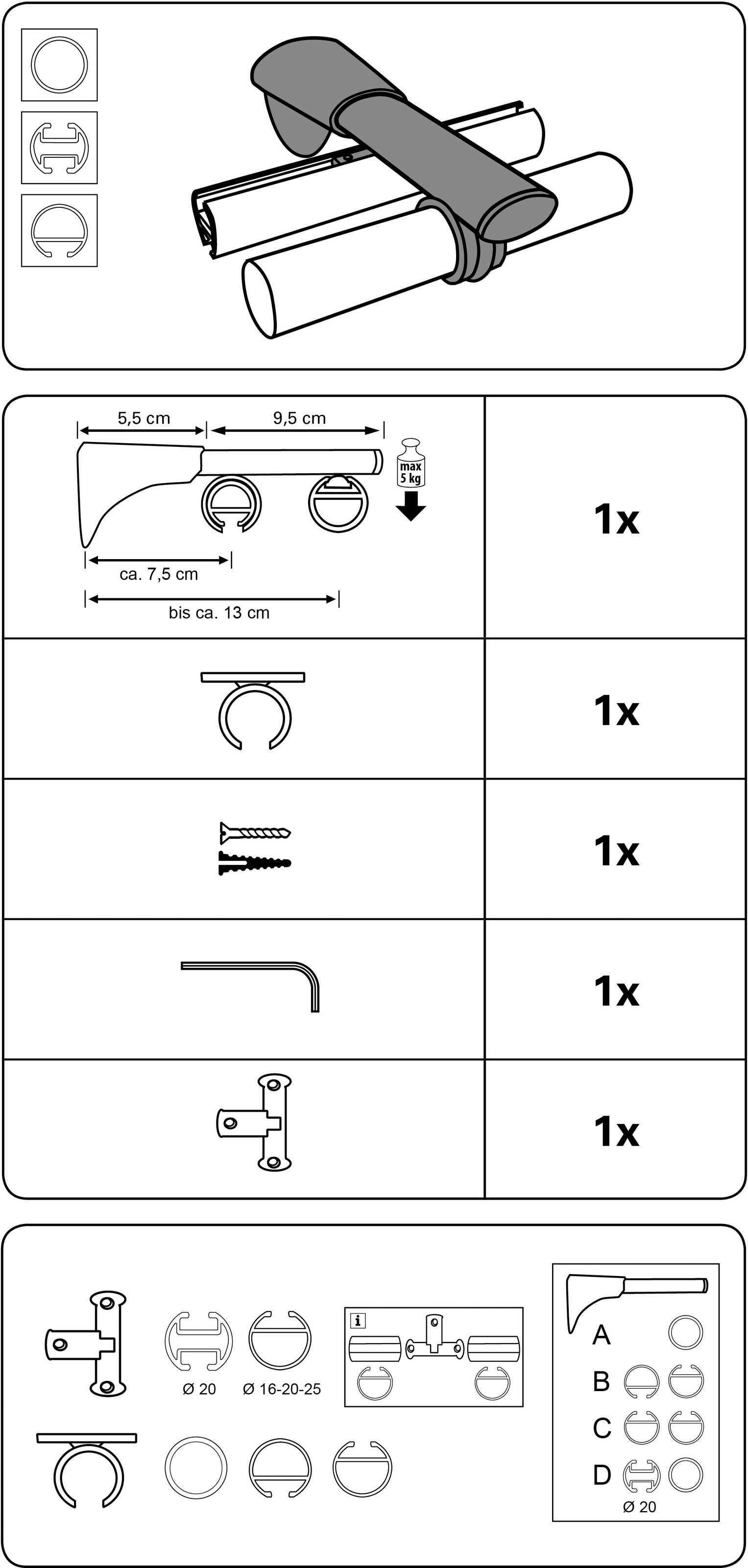 GARDINIA Träger »Universal Wandträger für Gardinenstangen«, (1 St.), Serie Einzelprogramm Chicago Ø 20 mm