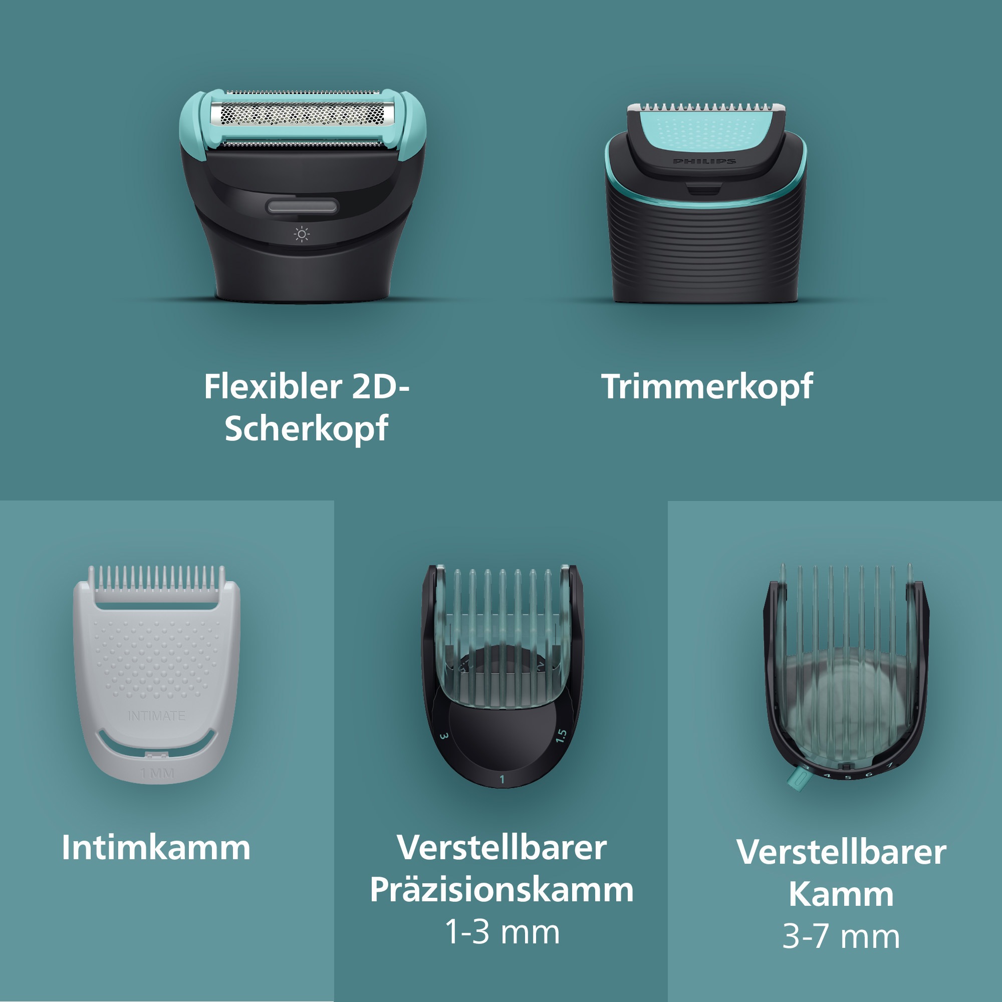 Thumbnail - Philips Elektrokörperrasierer "Serie 7000 BG7470/15" 4 Stk. Aufsätze mit flexiblem 2D-Scherkopf, Präzisionskamm, inkl. R...