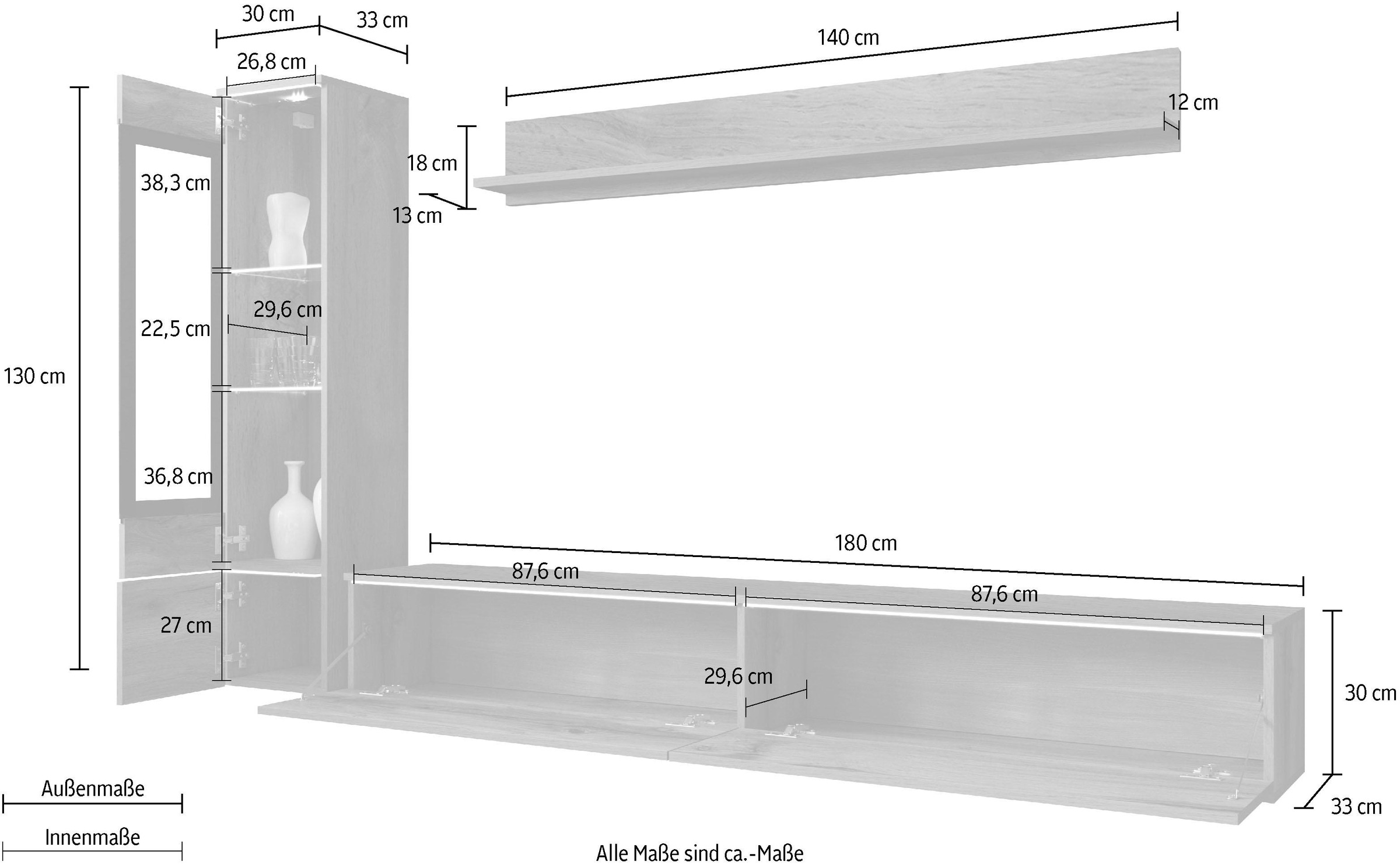 INOSIGN Wohnwand »VERA I, Vitrinen Türanschlag links/rechts wechselbar«, (Komplett-Set, 3 St.), Mediawand 230 cm, Vitrine mit Verglasung, stehend und hängend