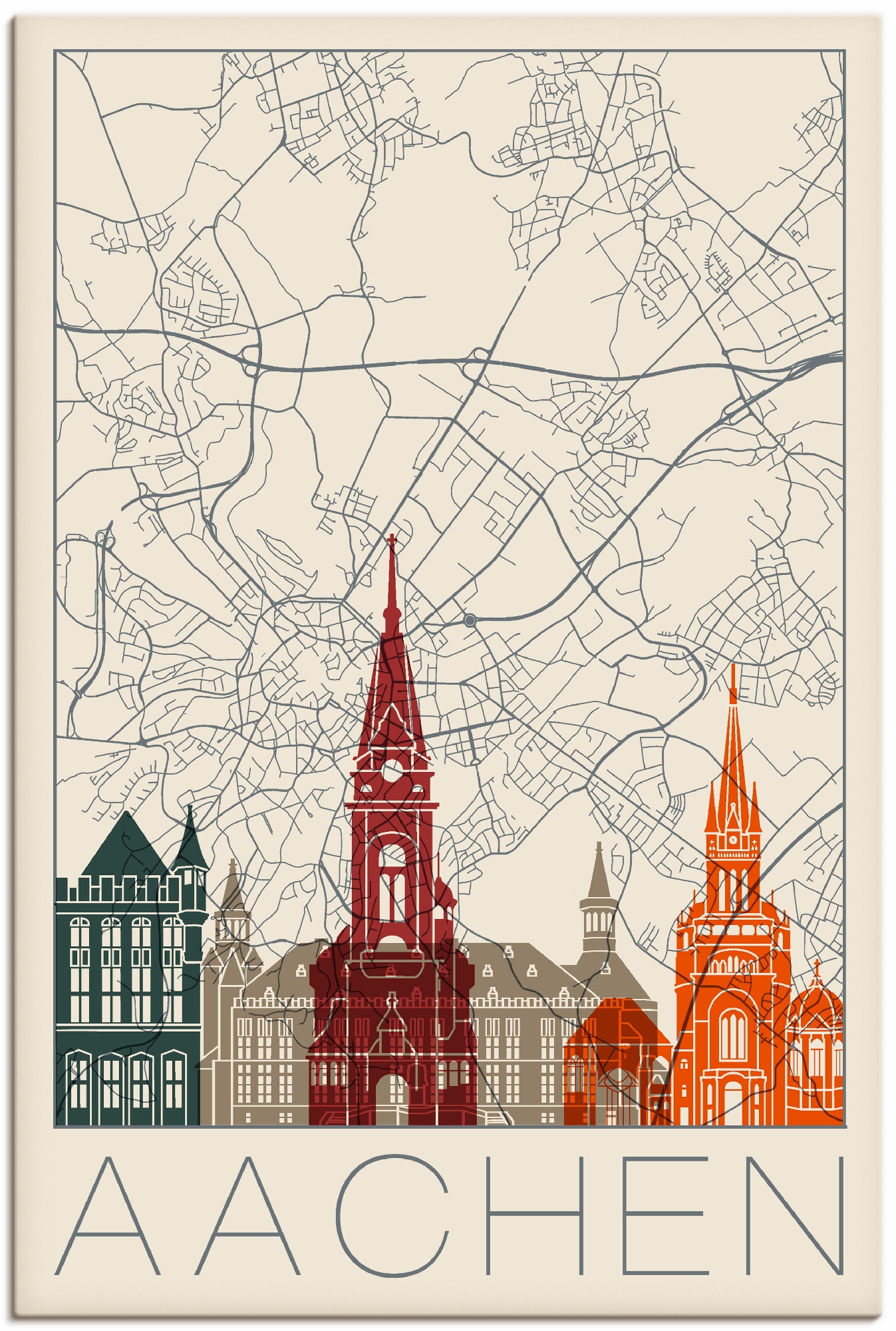 Artland Leinwandbild "Retro Karte Aachen", Deutschland, (1 St.), auf Keilrahmen gespannt