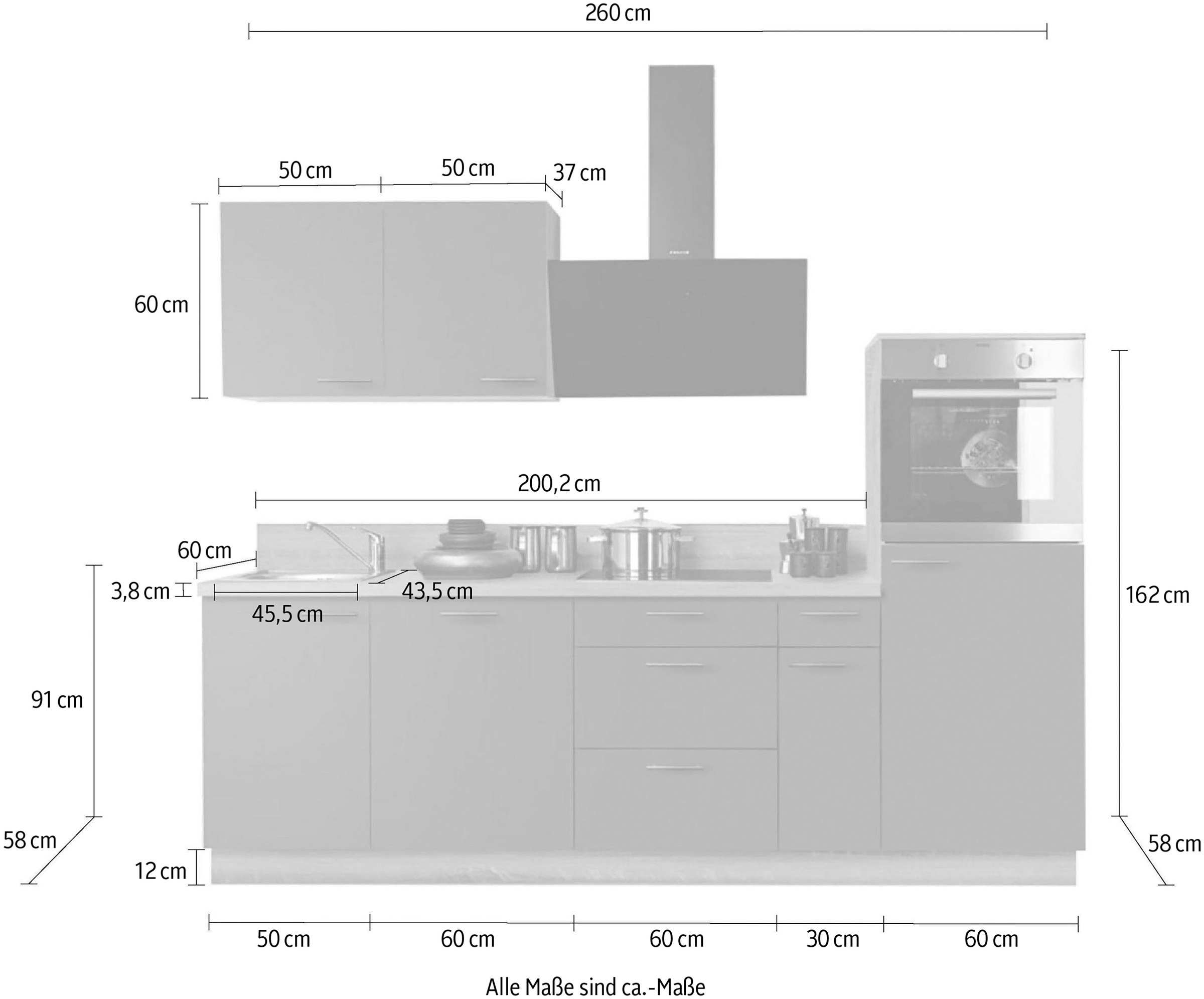 KOCHSTATION Küchenzeile »KS-Scafa, vormontiert, mit höhenverstellbaren Füßen, vormontiert, mit«, Soft-Close, wahl. mit E-Geräten inkl. Geschirrspüler, Breite 260 cm