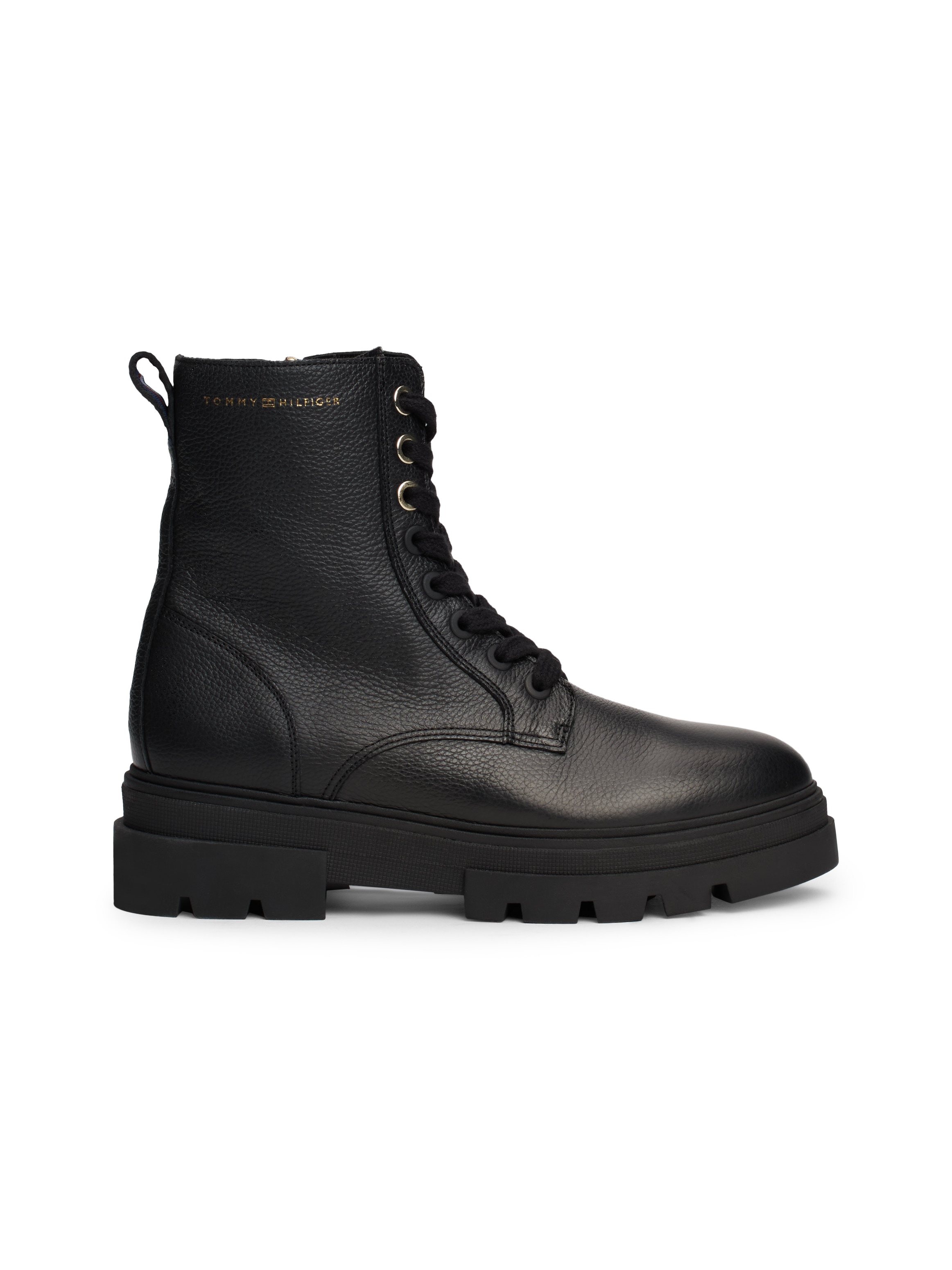 Tommy Hilfiger Schnürboots »BICOLOR LEATHER LACE-UP«, Plateau, Schnürstiefelette, Chunkyboots, goldfarbener Logoschriftzug