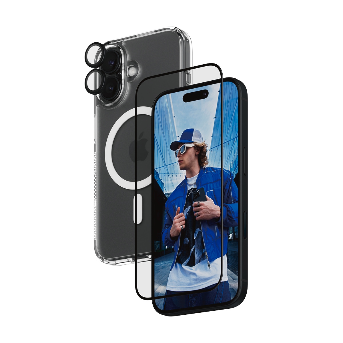 PanzerGlass Displayschutzglas »3-in-1 Protection«, für Apple iPhone 16, (Set, 3 St., bestehend aus Ultra-Wide Fit Glass, Hoops, Case), Displayschutzfolie, Set, Kameraglas, Cover, MagSafe, kratz- & stoßfest