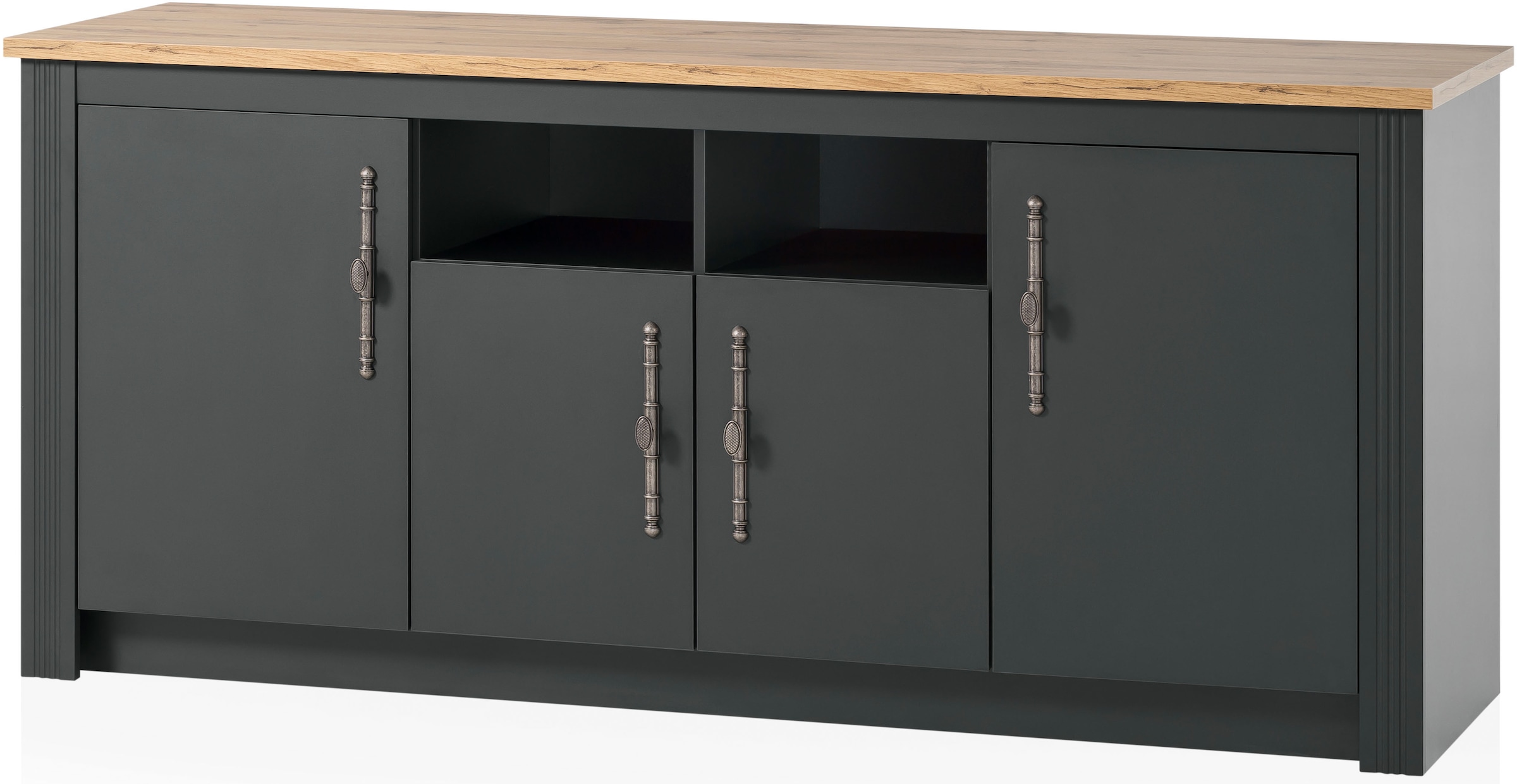 KOCHSTATION Küchenzeile »KS-Westminster, Pantryküche im Landhaus Stil, hochwertige Metallgriffe«, (Set), Breite 268 cm, Sideboard, Wandpaneel, Hängeschrank und Herdumbau