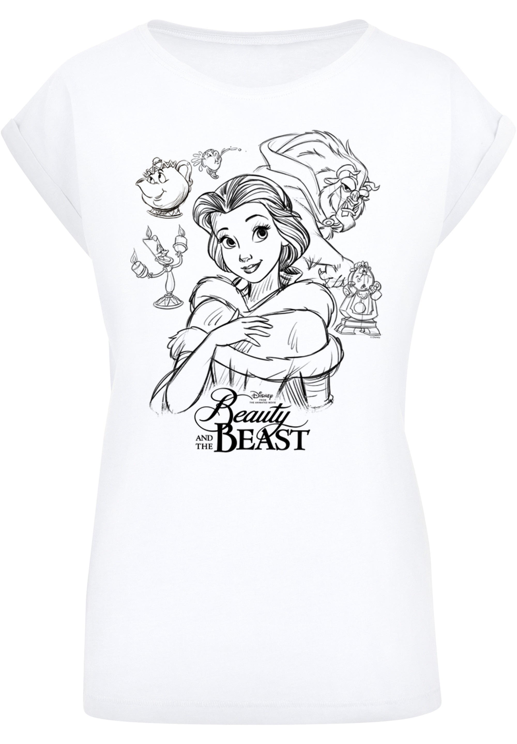 Collage Schöne | und Biest online Damen das T-Shirt ,Premium Ärmel,Bedruckt BAUR Die Merch,Regular-Fit,Kurze bestellen F4NT4STIC »Disney Zeichnung«,