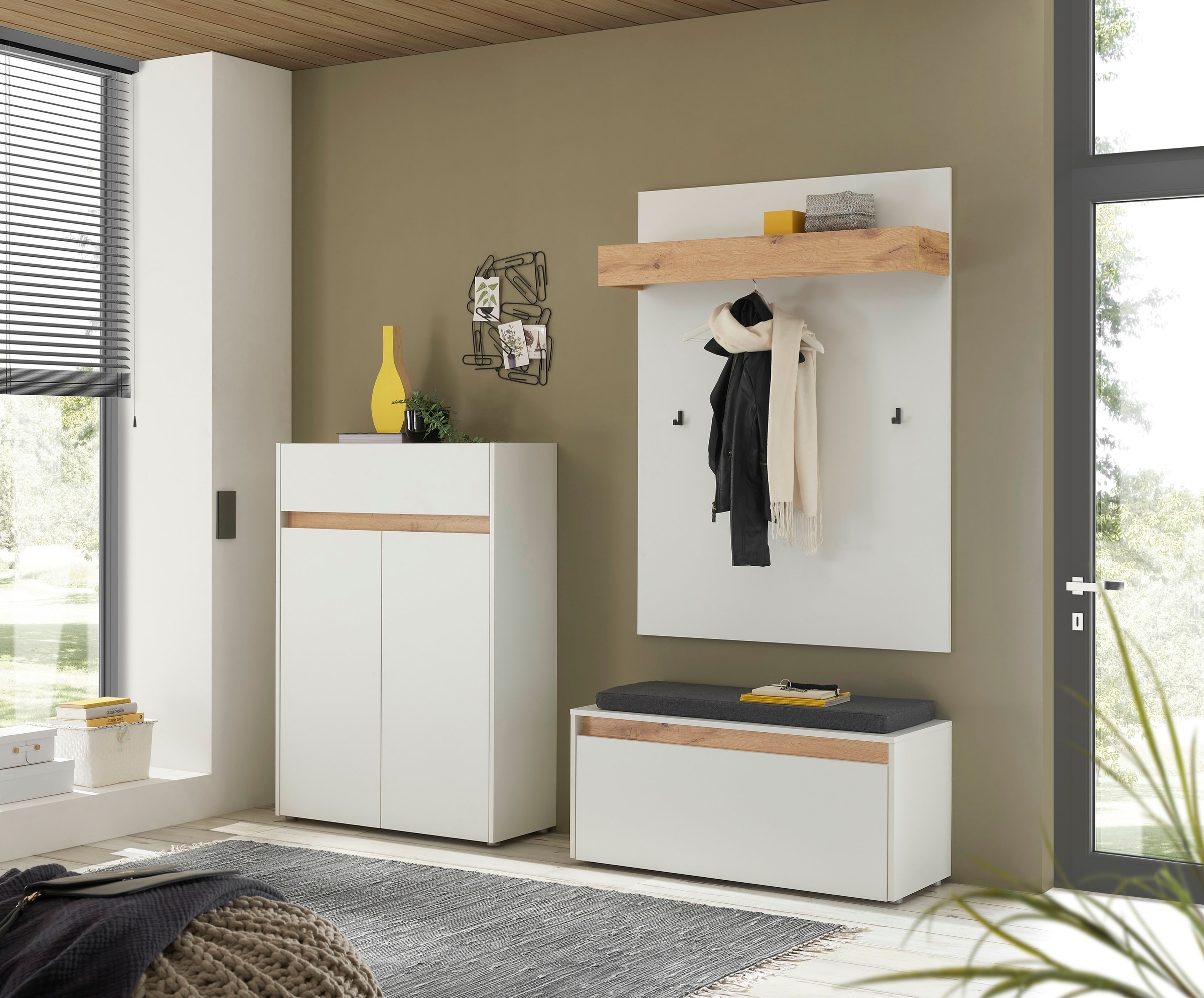 INOSIGN Garderoben-Set »City/Giron, moderne Garderobe, viel Stauraum, ca. 24 Schuhe«, (Set, 3 St.), enthält Schuhschrank, Garderobenpaneel & Garderobenbank mit Sitzkissen