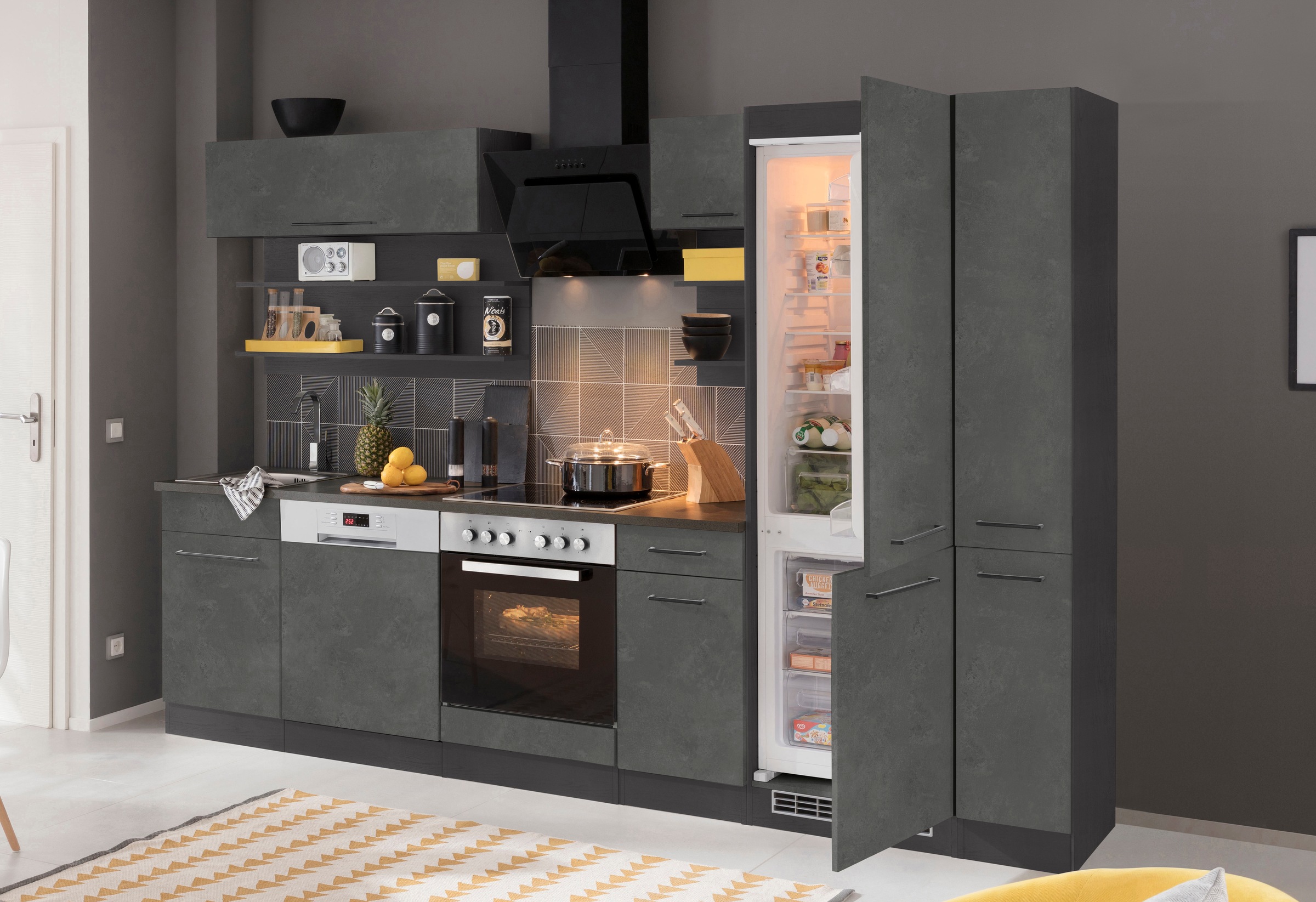 KOCHSTATION Küchenzeile »KS-Tulsa«, mit E-Geräten, Breite 300 cm, schwarze Metallgriffe, MDF Fronten