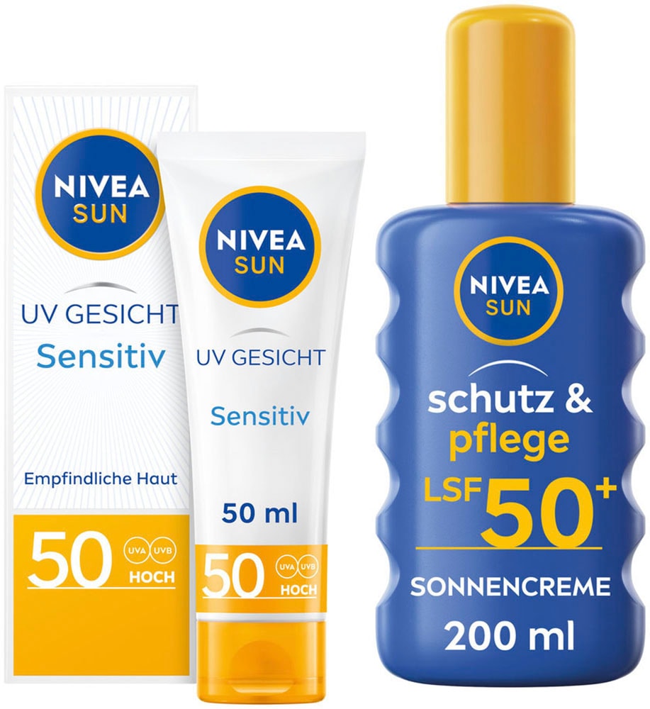 Nivea Sun Sonnenschutzpflege »UV GESICHT Sensitiv Sonnenschutz LSF50 & Sonnenspray LSF50+«, (Set)