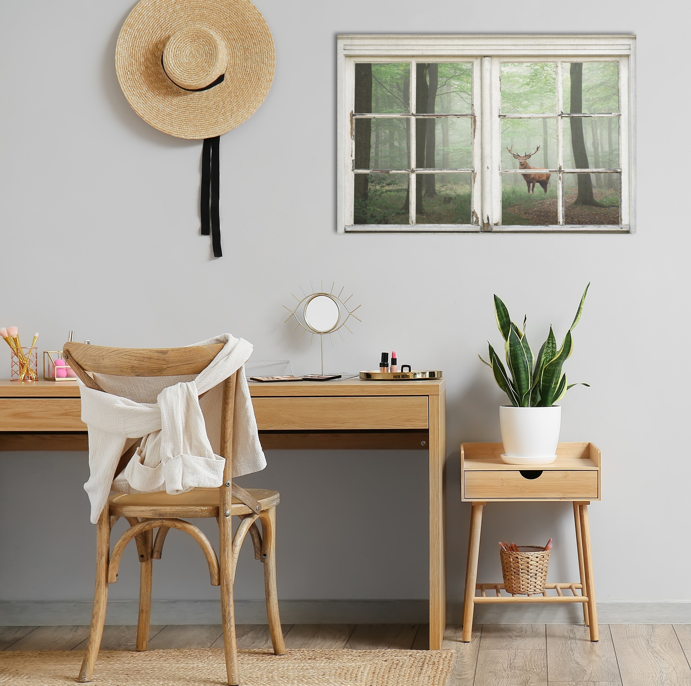 queence Leinwandbild "Wald" Bäume  Fensterblick  Hirsch  Hirschbilder  Land günstig online kaufen