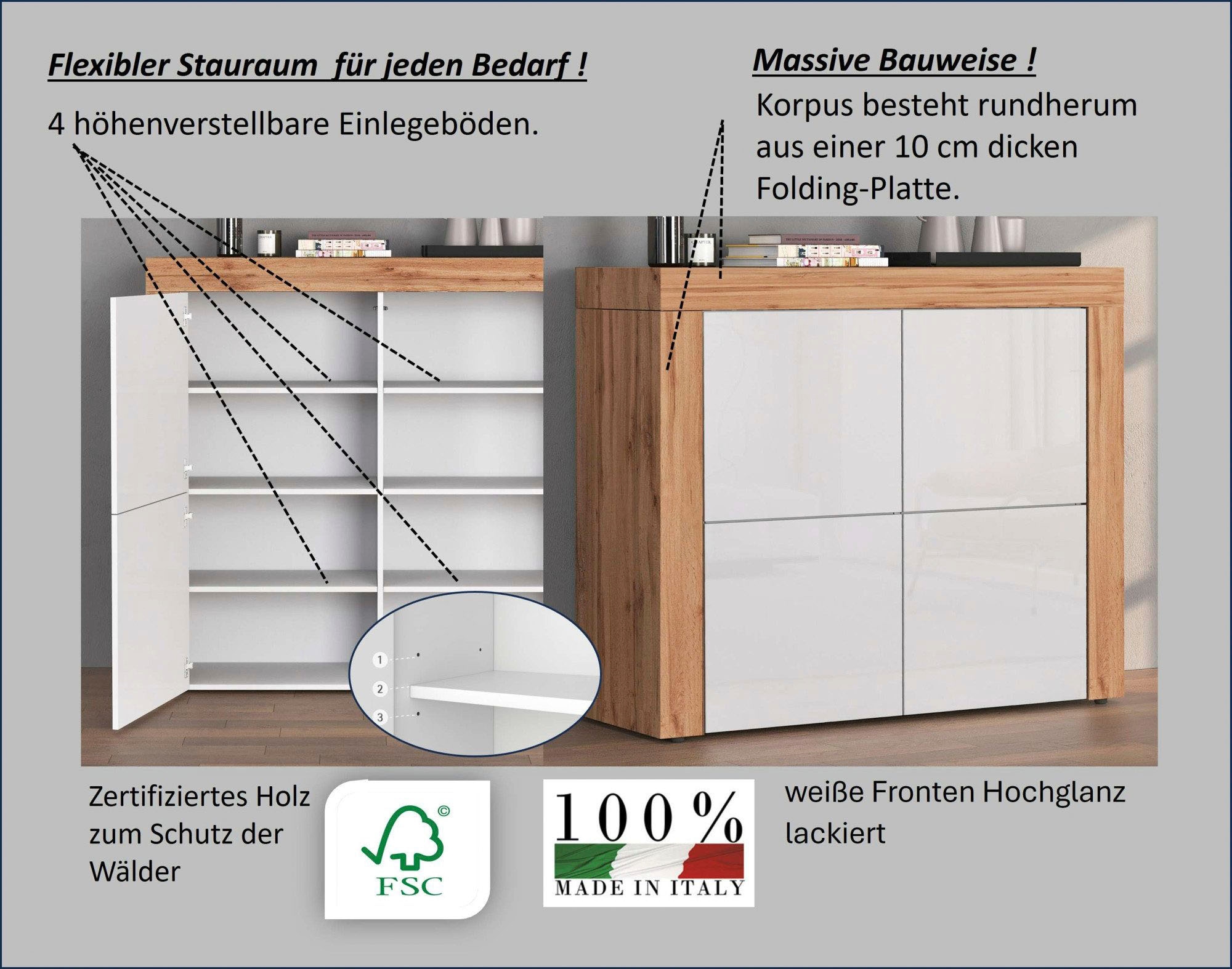 OTTO home Highboard »CHRONOS Breite 140 cm mit 4 Türen und 8 Fächer 'Made in Italy'« 1 Stk. tlg. Hohes Sideboard, Kommode, Schrank, Grifflos mit Push to Open