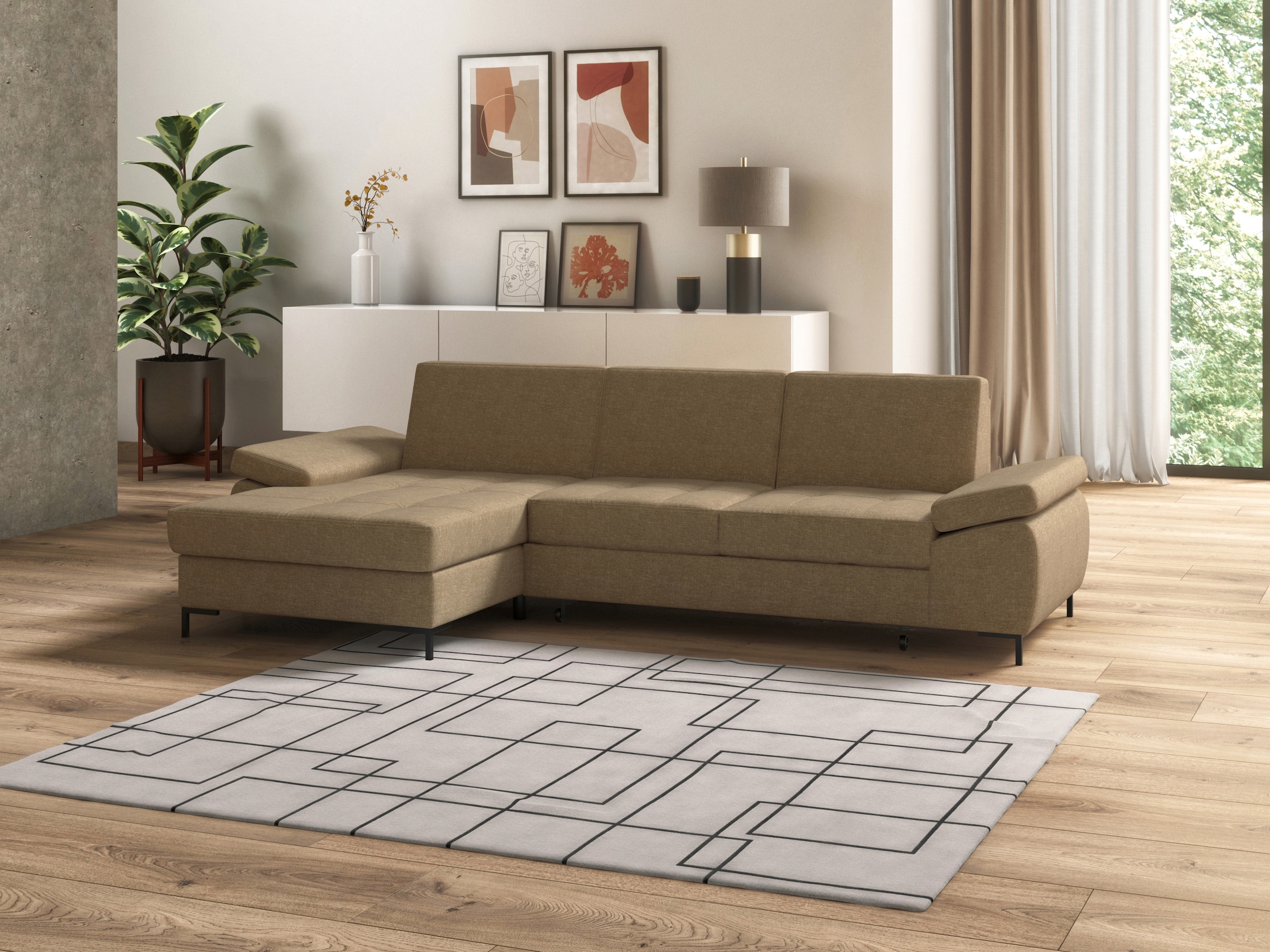 Ecksofa DOMO COLLECTION "Capelo, komfortabel, klare Linien zeichnen dieses Design aus, L-Form", beige, B:297cm H:84cm T:160cm, 100% Polyester, Sofas, Ecksofa, mit Armteilverstellung, wahlweise mit Bettfunktion, Federkern