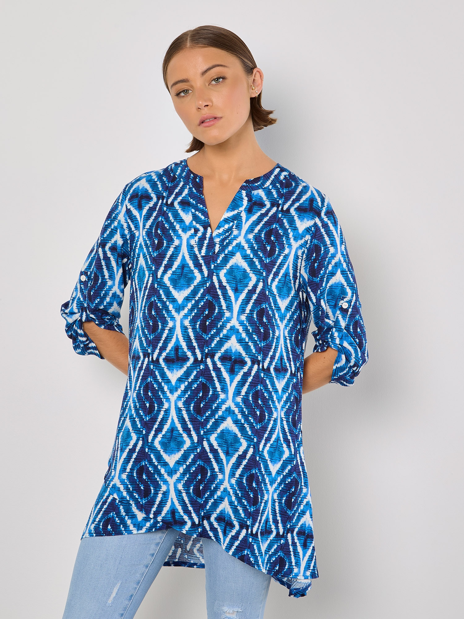 Apricot Longbluse "Druck-Tunika" mit Granddad-Ausschnitt