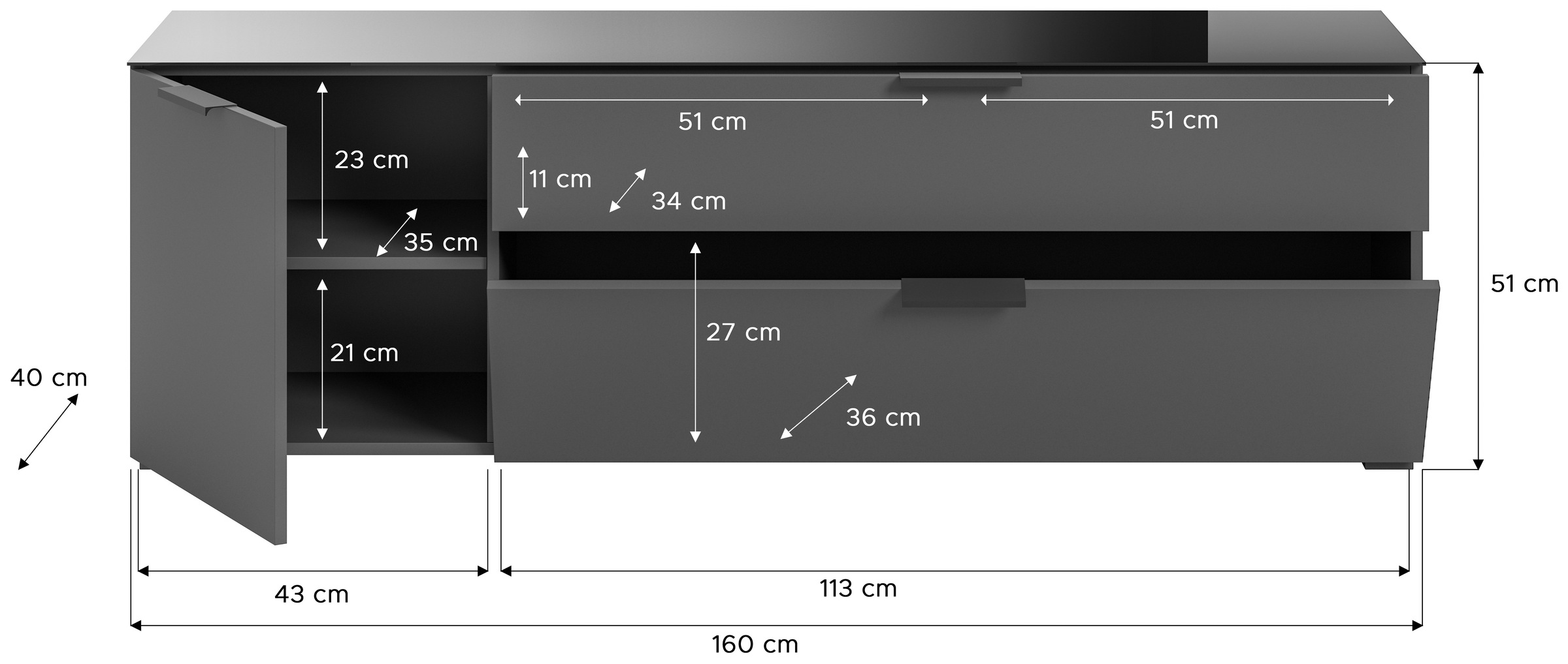 INOSIGN Lowboard »Raio, Breite 160 cm, 1 Tür, 1 Schubkasten, 1 Klappe, Oberboden«, mit Glasplatte, TV-Board, TV-Schrank, Mediaboard, Fernsehschrank