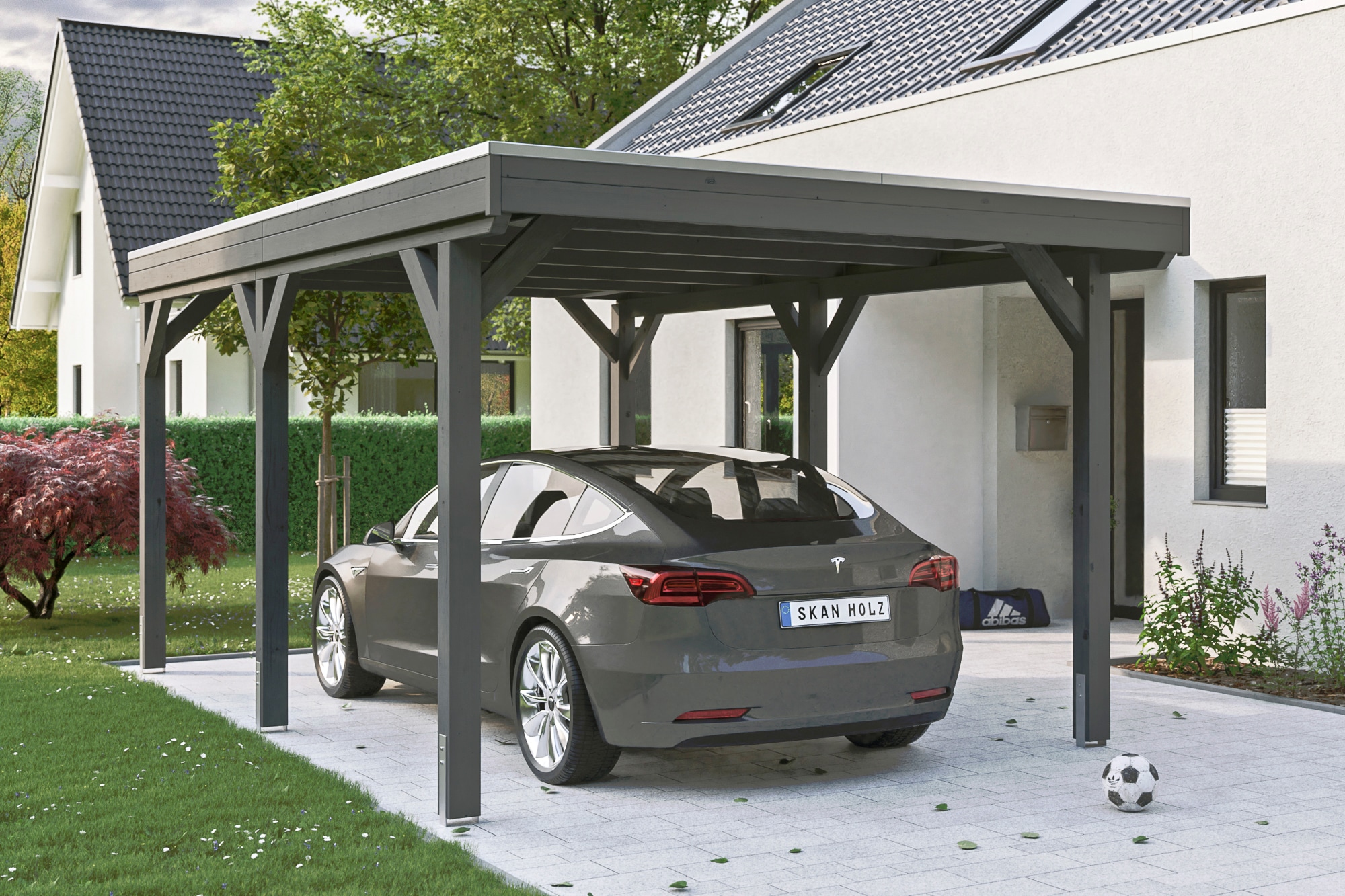 Skanholz Einzelcarport "Grunewald" Leimholz dunkelgrau mit Aluminiumdach