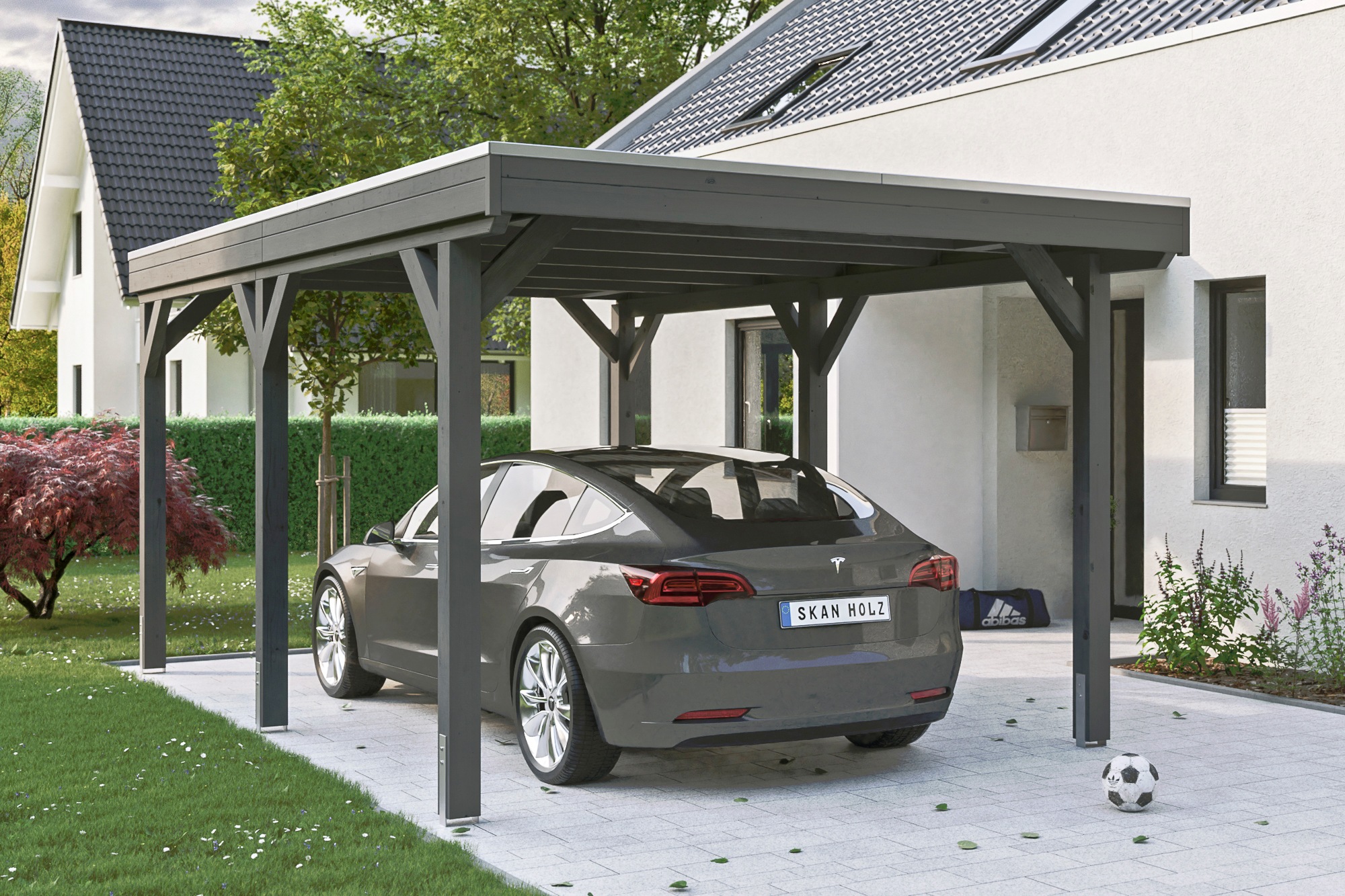 Skanholz Einzelcarport "Grunewald", Leimholz-Nordisches Fichtenholz, dunkelgrau, mit Aluminiumdach